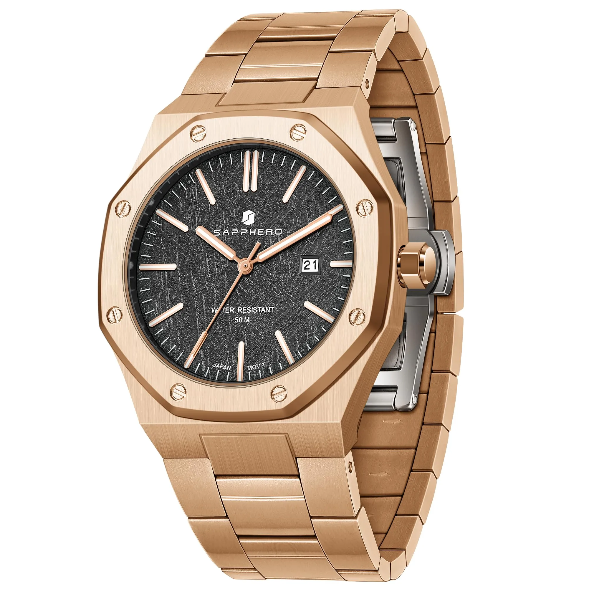 SAPPHERO Orologio da uomo in acciaio inossidabile, Movimento al quarzo giapponese, Impermeabile 50M, Oro/Nero - immagine 1