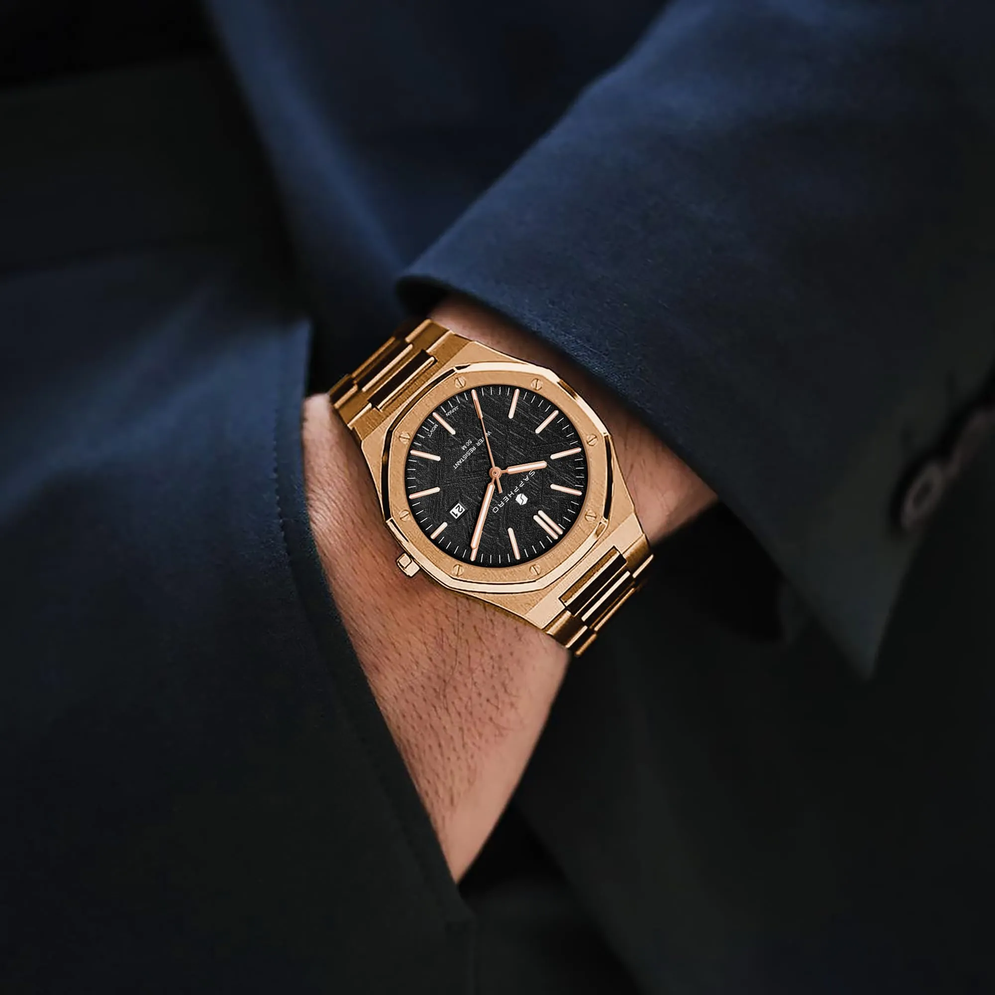SAPPHERO Orologio da uomo in acciaio inossidabile, Movimento al quarzo giapponese, Impermeabile 50M, Oro/Nero - immagine 3