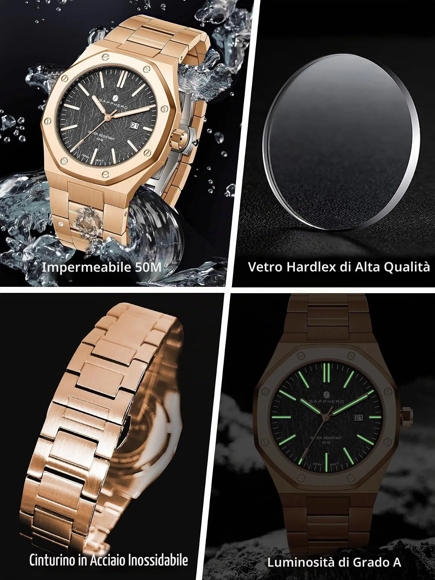 SAPPHERO Orologio da uomo in acciaio inossidabile, Movimento al quarzo giapponese, Impermeabile 50M, Oro/Nero - immagine 4
