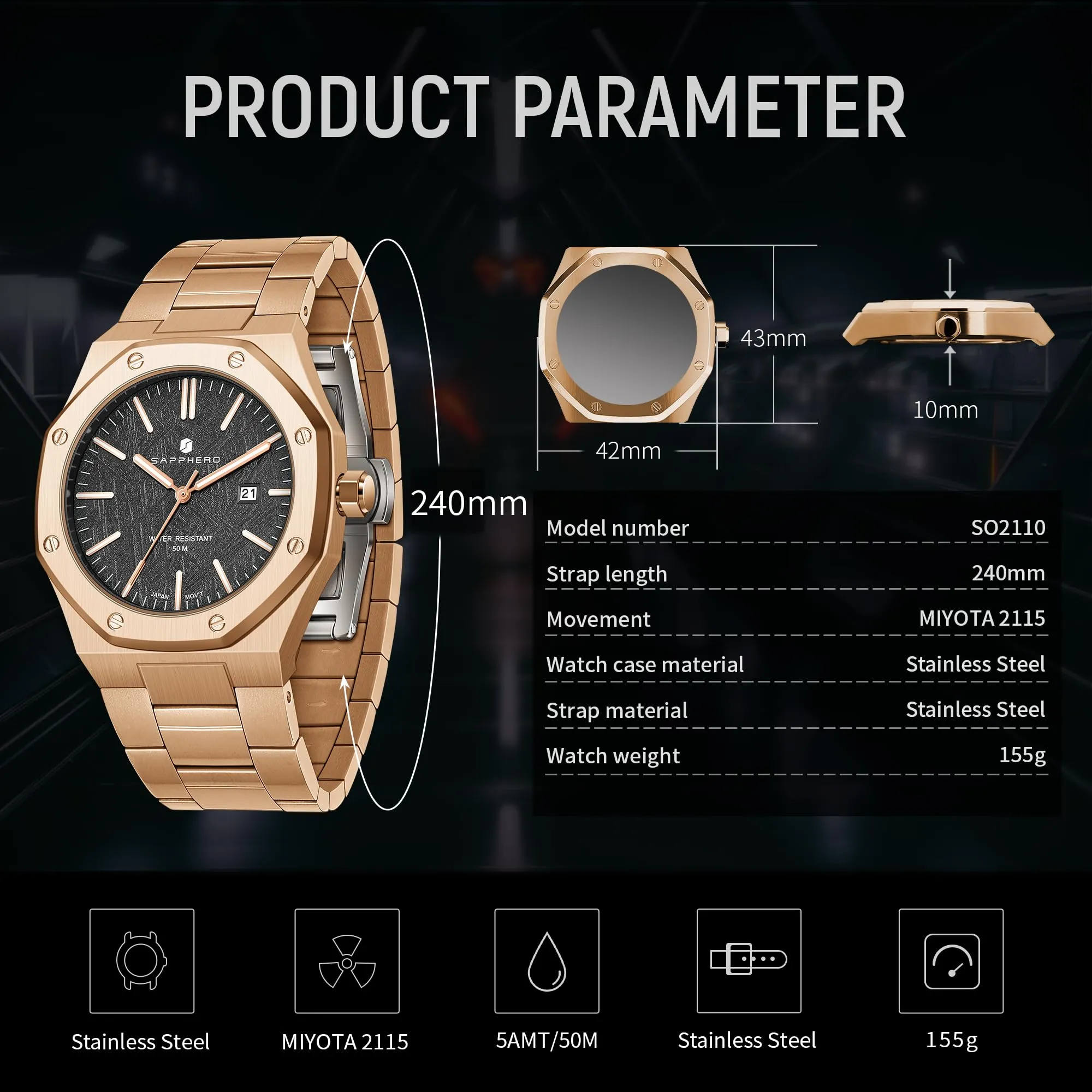SAPPHERO Orologio da uomo in acciaio inossidabile, Movimento al quarzo giapponese, Impermeabile 50M, Oro/Nero - immagine 5