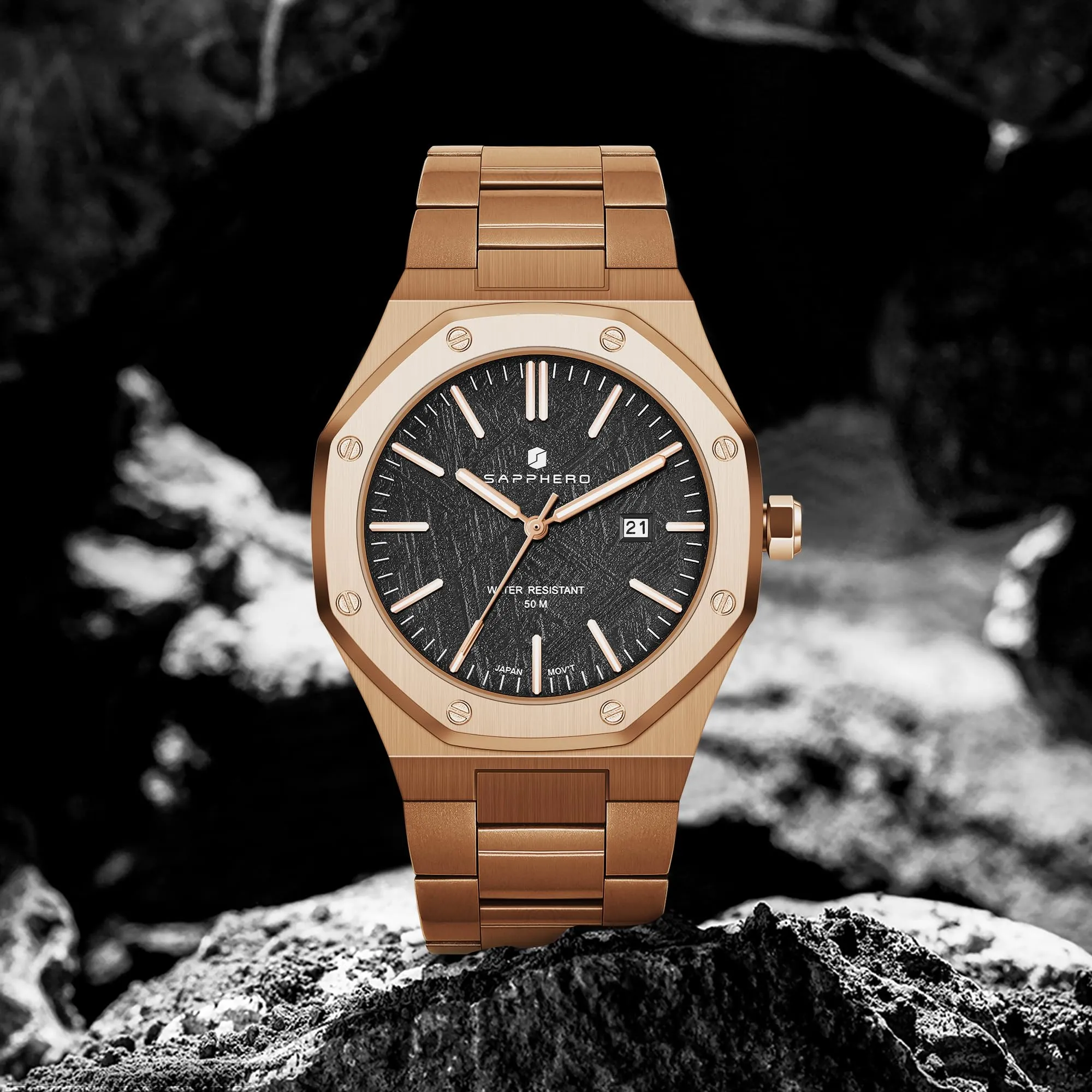 SAPPHERO Orologio da uomo in acciaio inossidabile, Movimento al quarzo giapponese, Impermeabile 50M, Oro/Nero - immagine 6