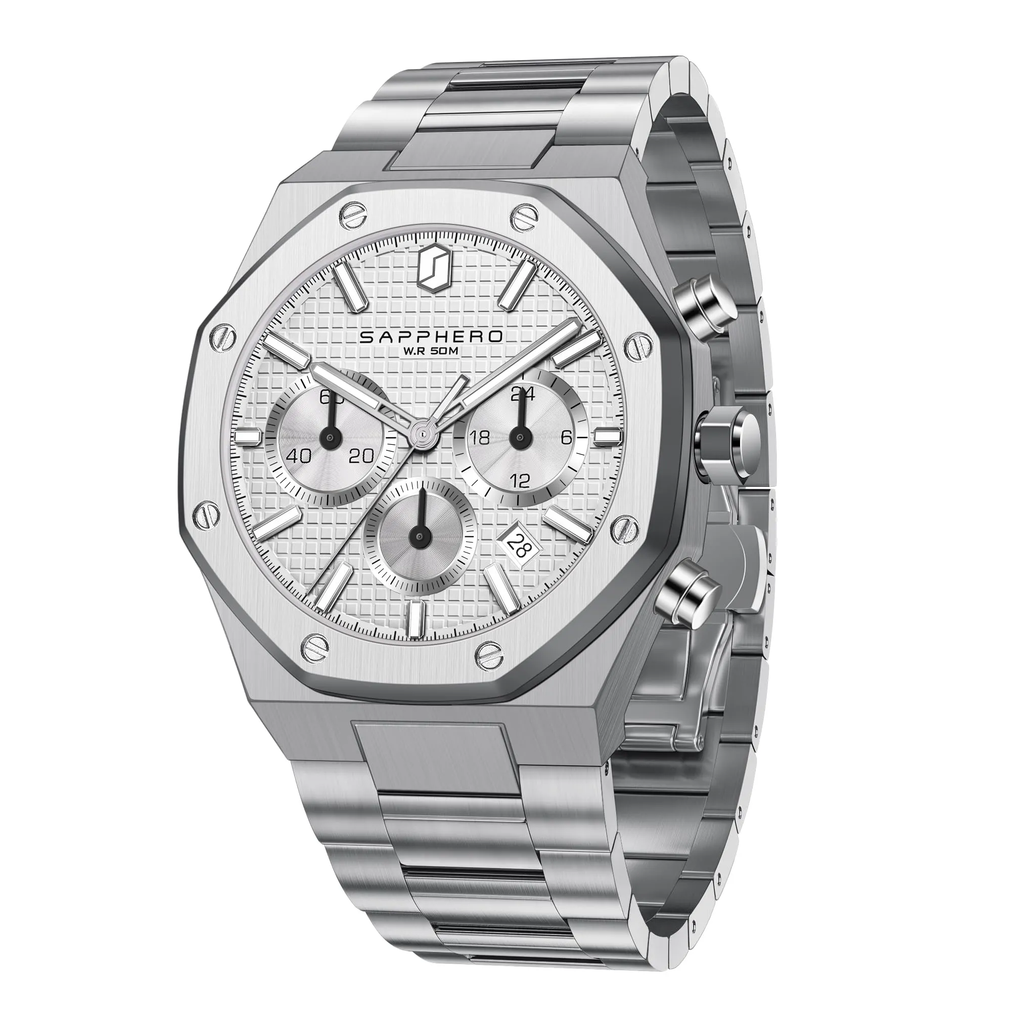 SAPPHERO Orologio da uomo in acciaio inossidabile, Movimento al quarzo giapponese, Impermeabile, Bianco, SO-2111 - immagine 1