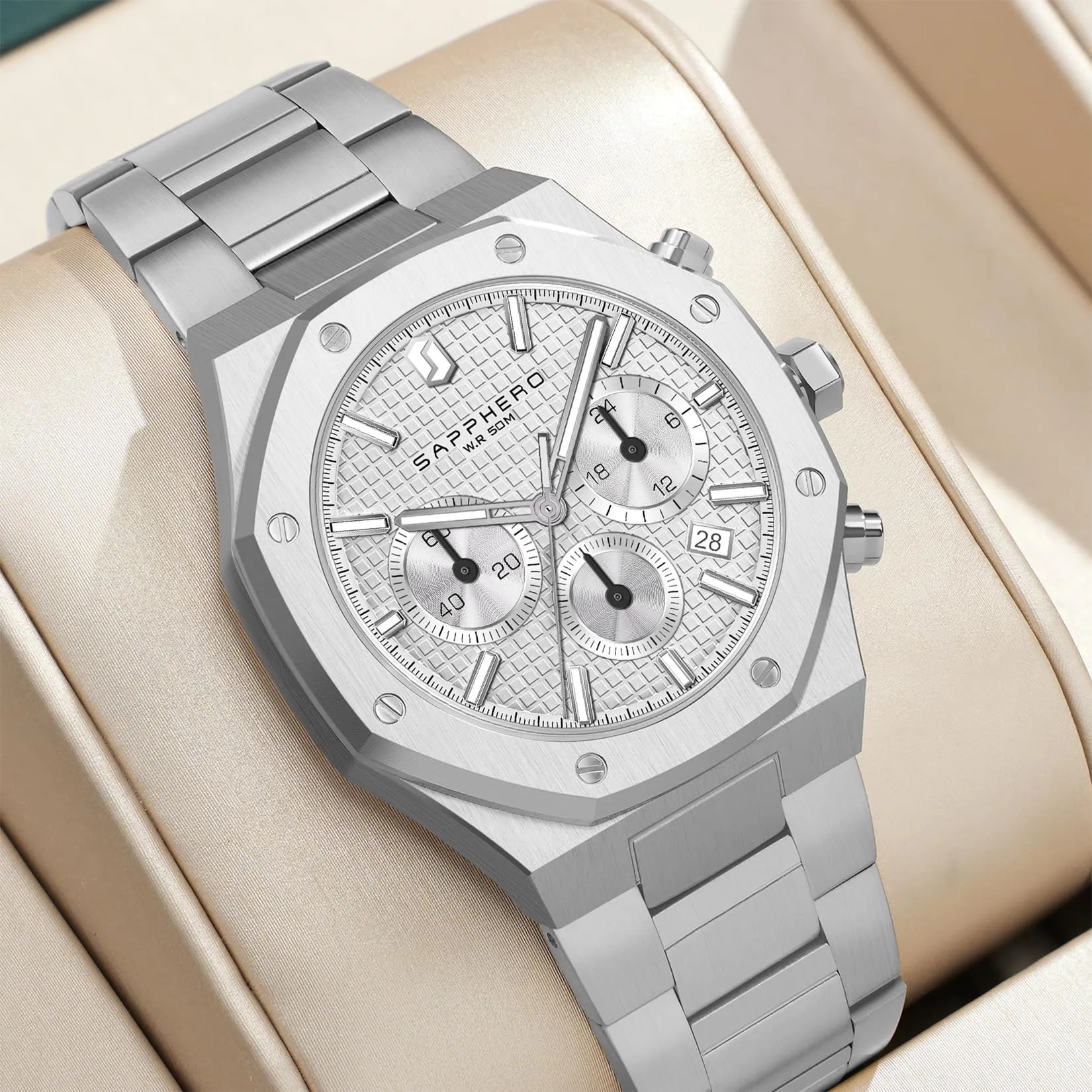 SAPPHERO Orologio da uomo in acciaio inossidabile, Movimento al quarzo giapponese, Impermeabile, Bianco, SO-2111 - immagine 2