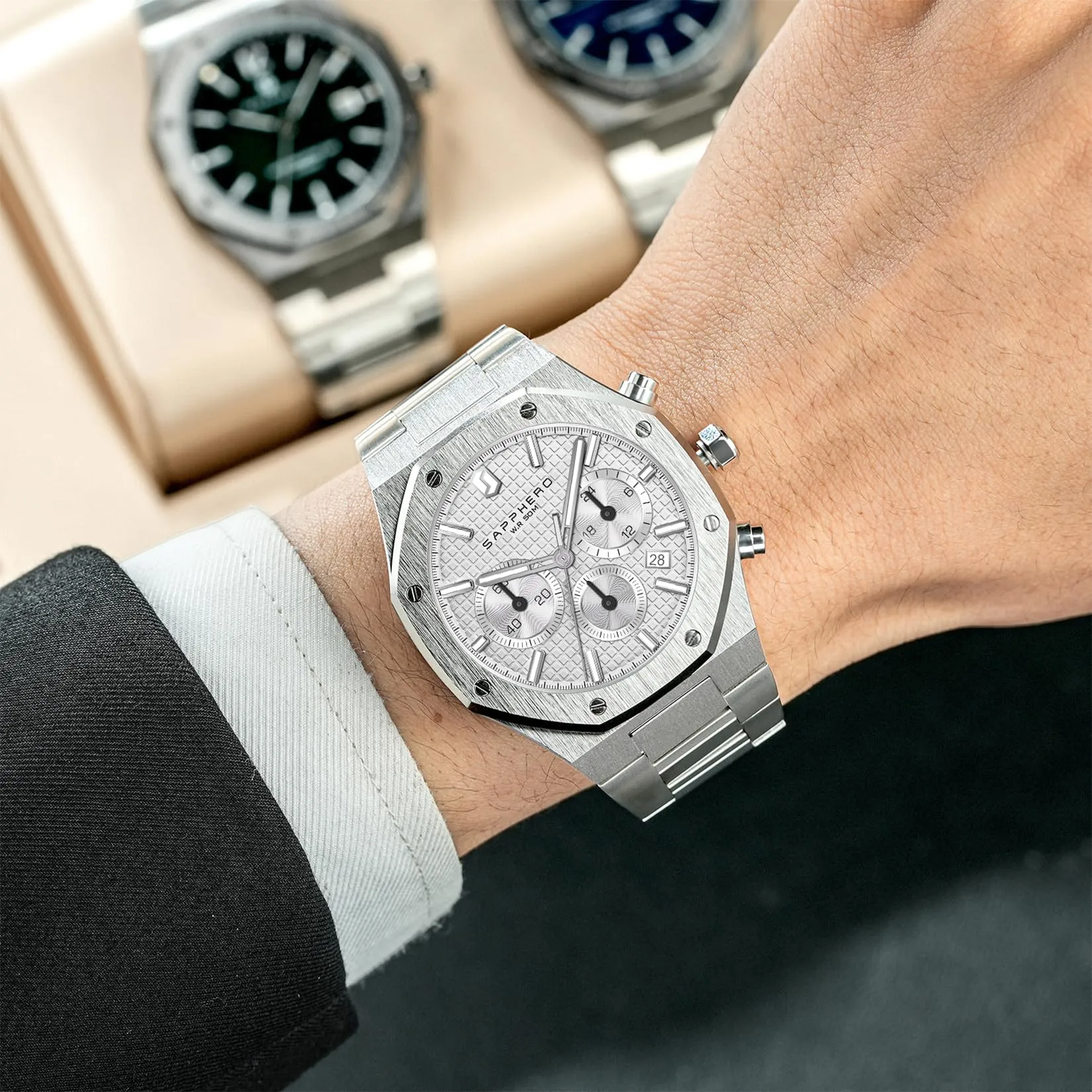 SAPPHERO Orologio da uomo in acciaio inossidabile, Movimento al quarzo giapponese, Impermeabile, Bianco, SO-2111 - immagine 3