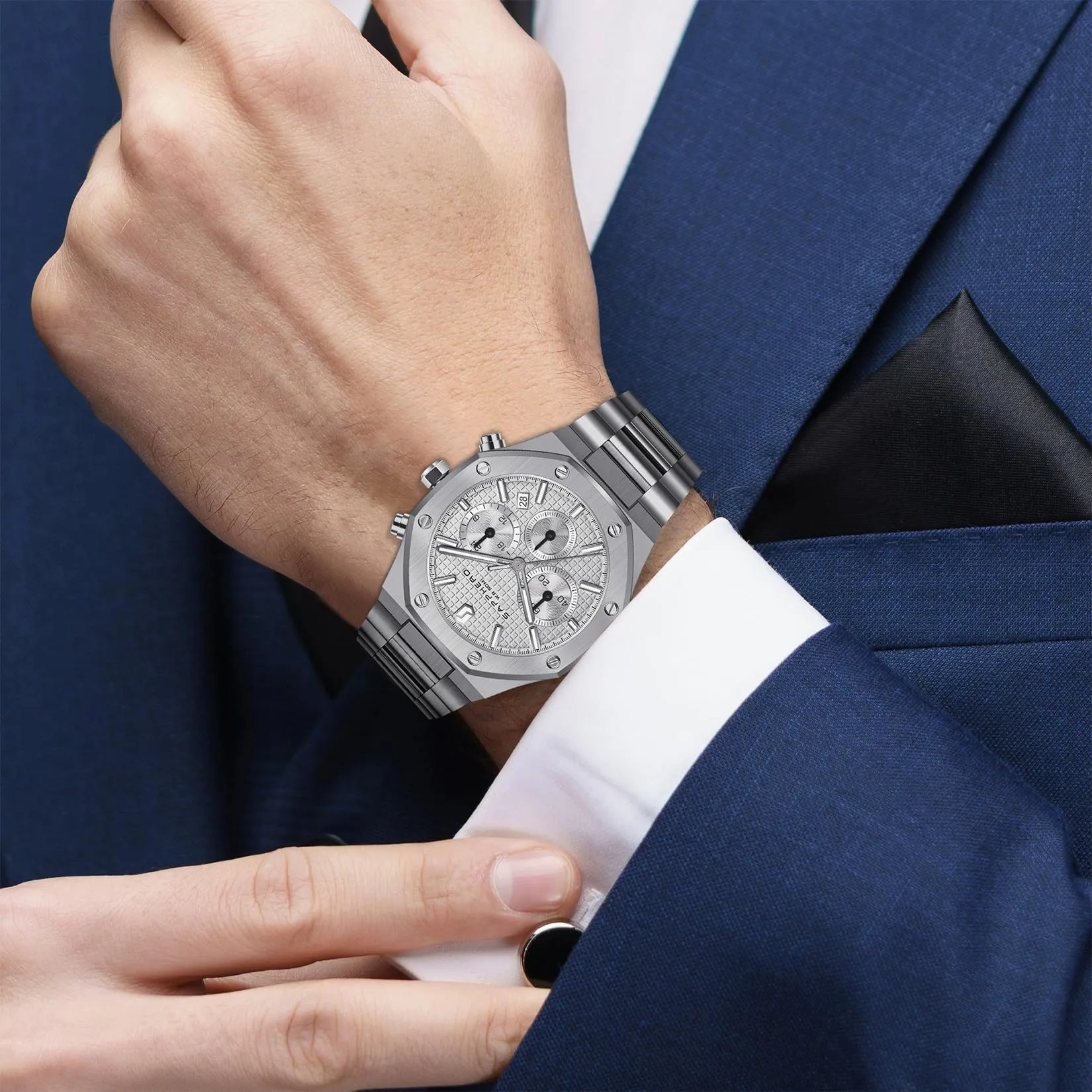 SAPPHERO Orologio da uomo in acciaio inossidabile, Movimento al quarzo giapponese, Impermeabile, Bianco, SO-2111 - immagine 4