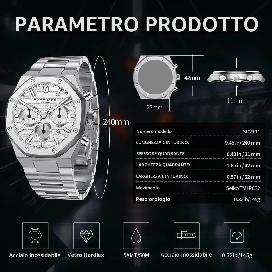 SAPPHERO Orologio da uomo in acciaio inossidabile, Movimento al quarzo giapponese, Impermeabile, Bianco, SO-2111 - immagine 7