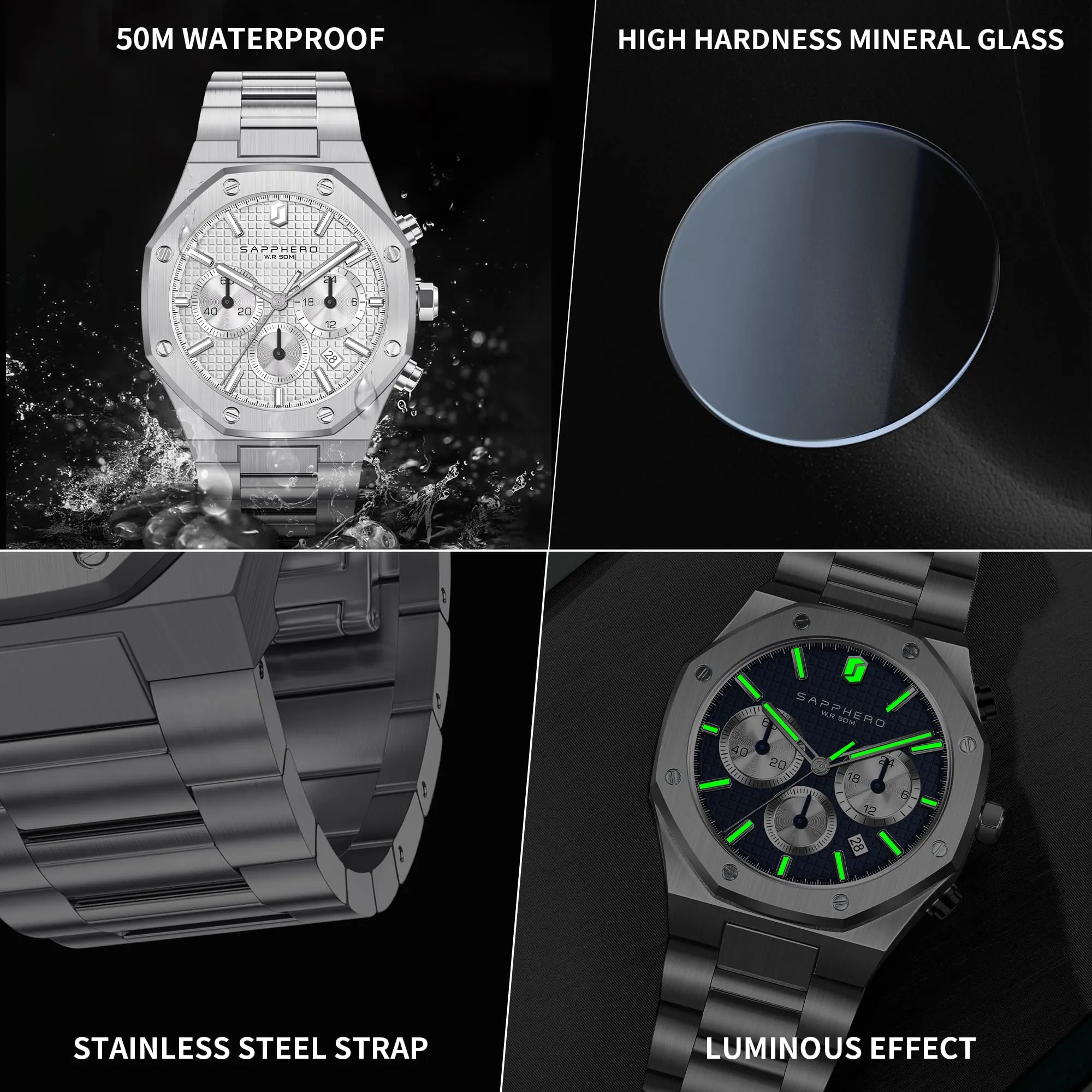 SAPPHERO Orologio da uomo in acciaio inossidabile, Movimento al quarzo giapponese, Impermeabile, Bianco, SO-2111 - immagine 8