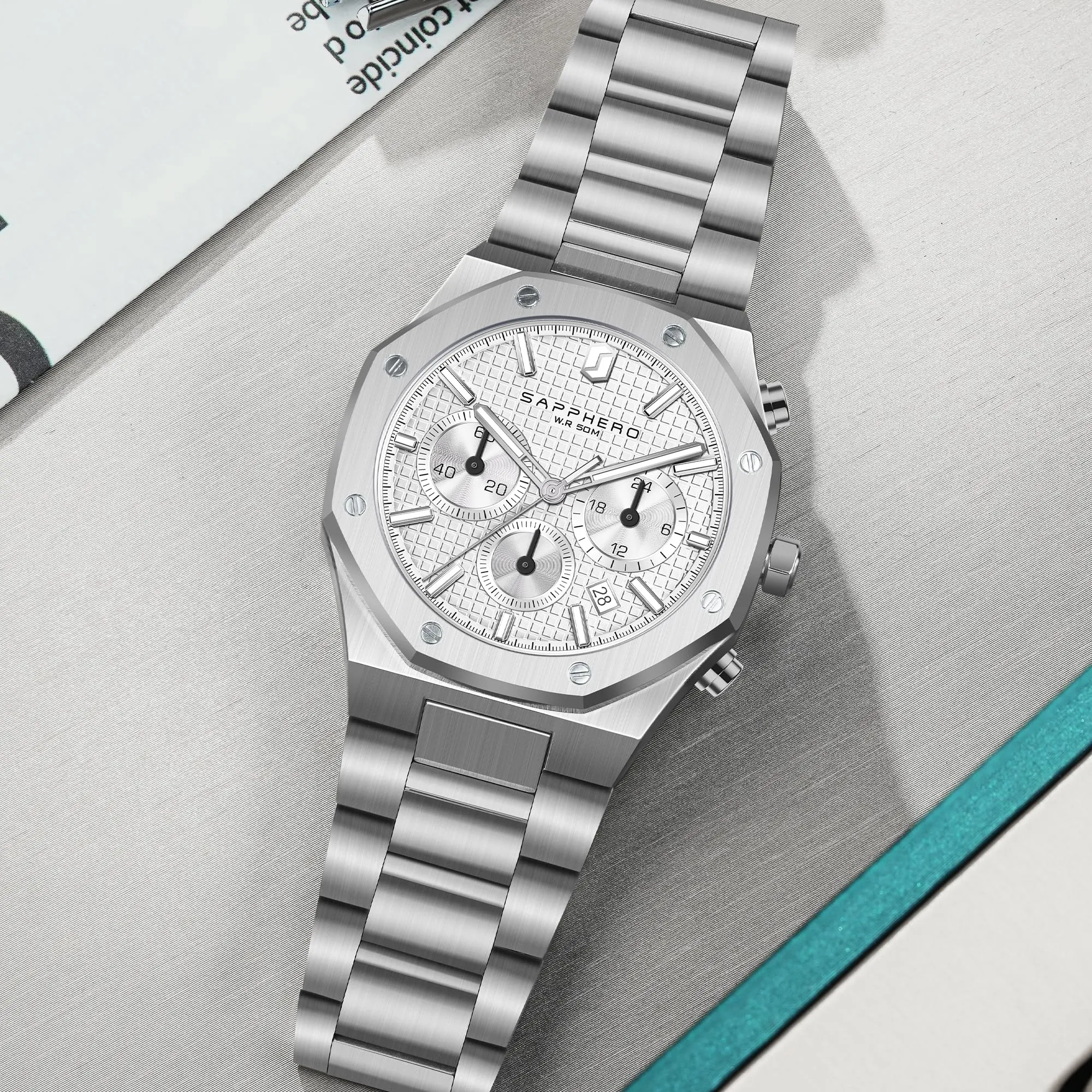 SAPPHERO Orologio da uomo in acciaio inossidabile, Movimento al quarzo giapponese, Impermeabile, Bianco, SO-2111 - immagine 9