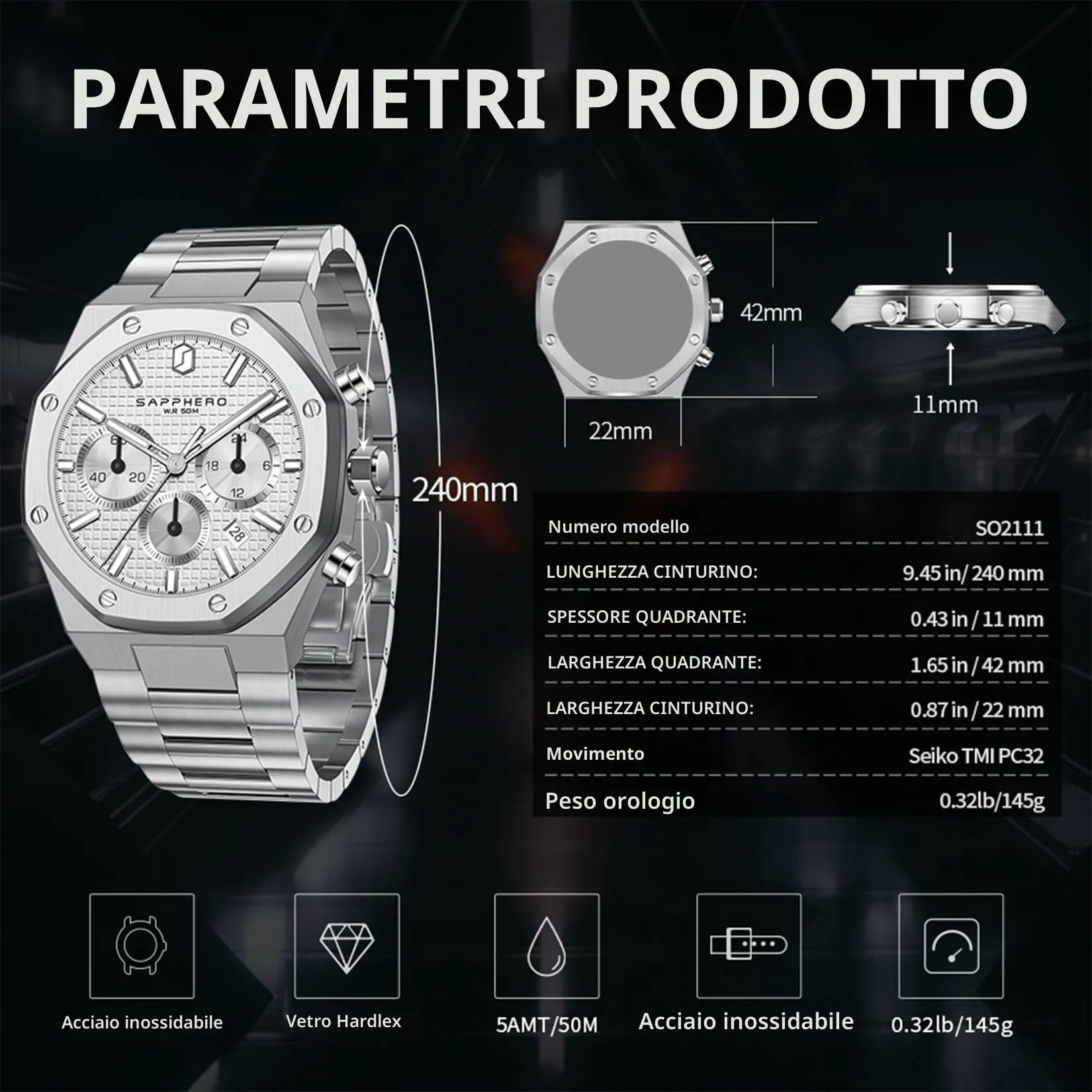 SAPPHERO Orologio da uomo in acciaio inossidabile, Movimento al quarzo giapponese, Impermeabile, Bianco, SO-2111 - immagine 10