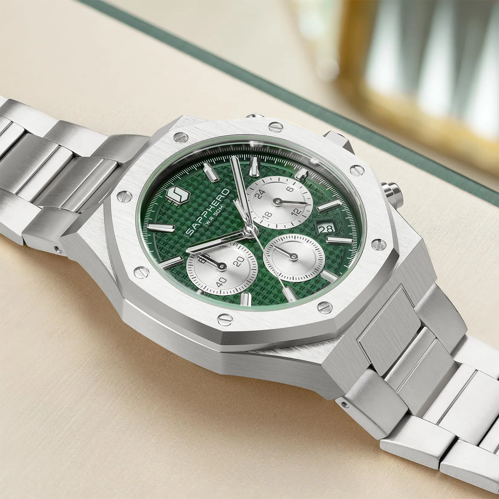 SAPPHERO SO-2111 Orologio da uomo in acciaio inossidabile, Movimento al quarzo, Impermeabile, Argento/Verde - immagine 2