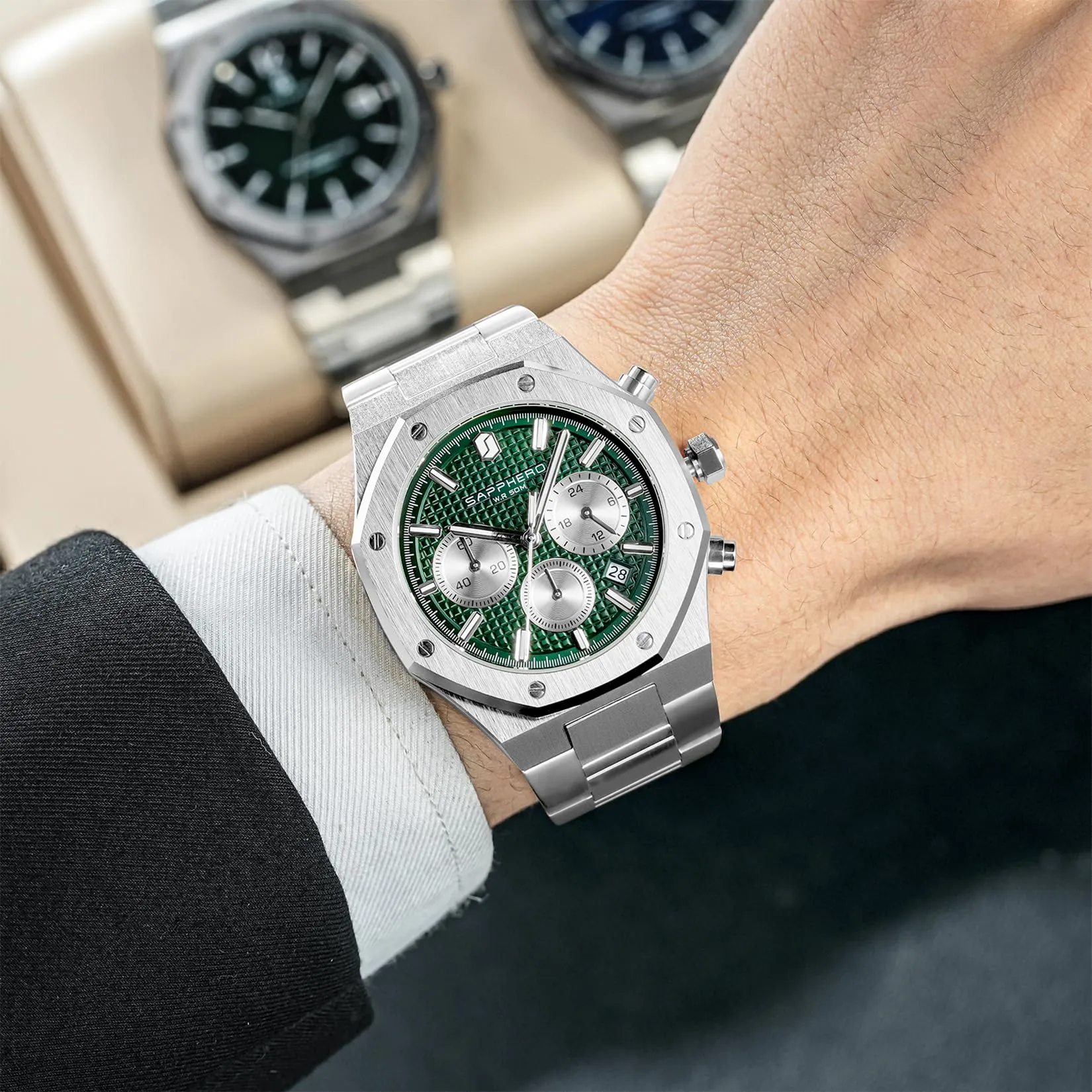 SAPPHERO SO-2111 Orologio da uomo in acciaio inossidabile, Movimento al quarzo, Impermeabile, Argento/Verde - immagine 3