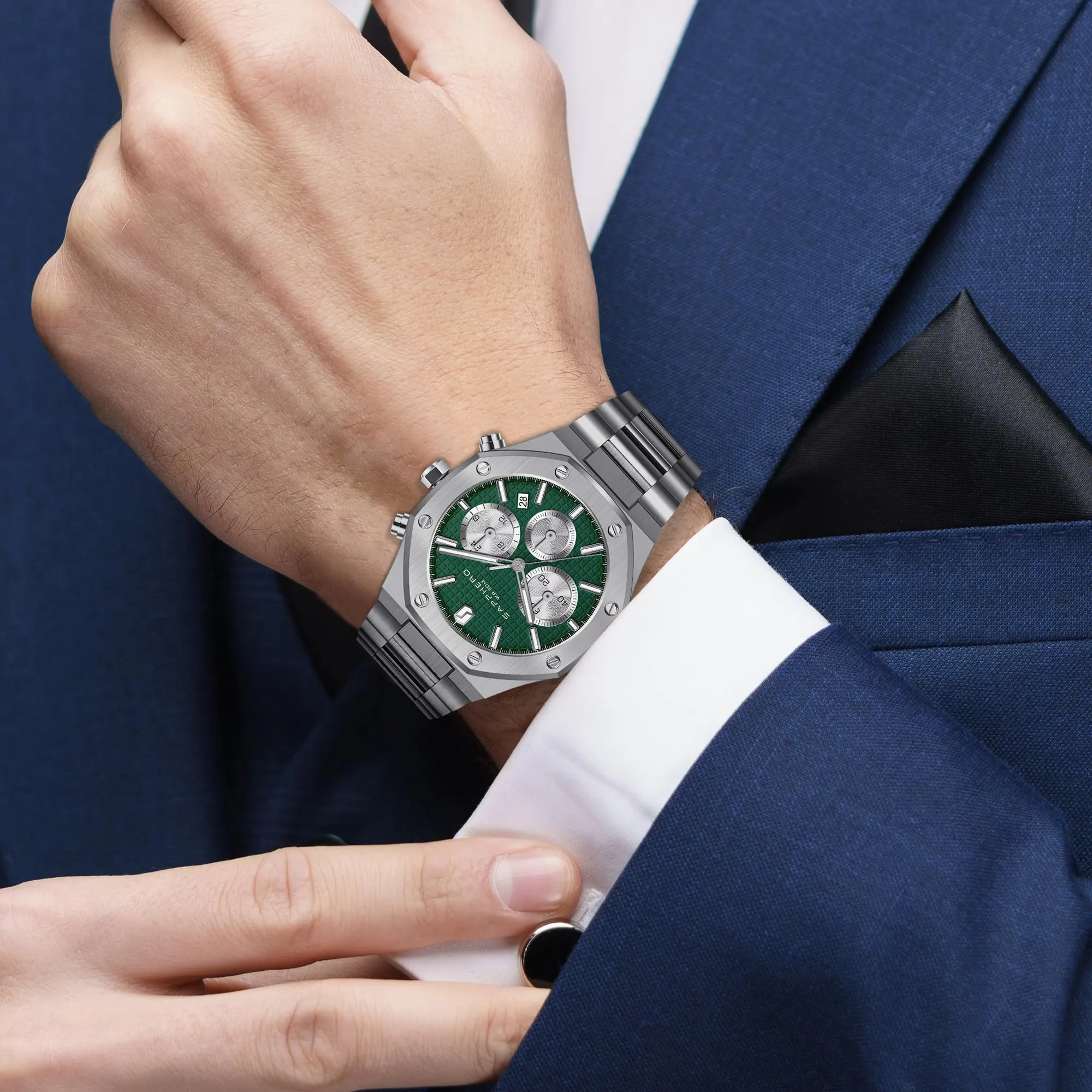 SAPPHERO SO-2111 Orologio da uomo in acciaio inossidabile, Movimento al quarzo, Impermeabile, Argento/Verde - immagine 6