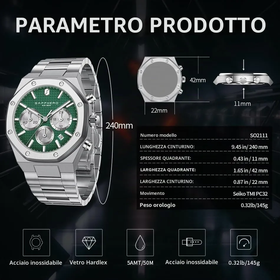 SAPPHERO SO-2111 Orologio da uomo in acciaio inossidabile, Movimento al quarzo, Impermeabile, Argento/Verde - immagine 7