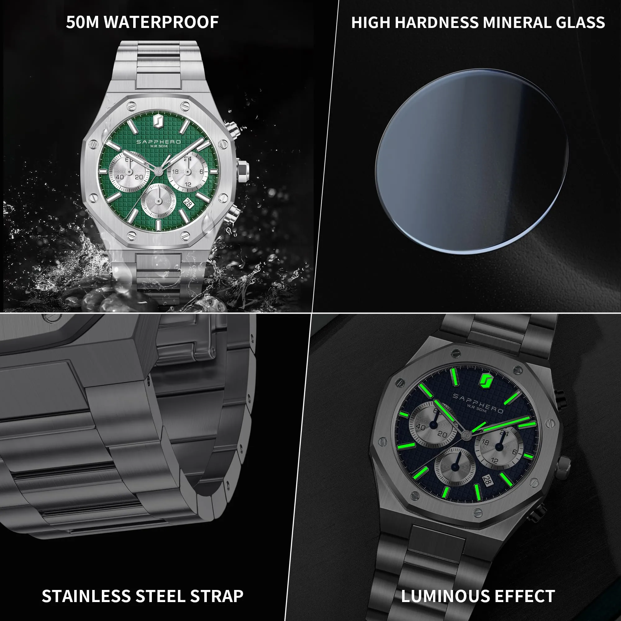 SAPPHERO SO-2111 Orologio da uomo in acciaio inossidabile, Movimento al quarzo, Impermeabile, Argento/Verde - immagine 8