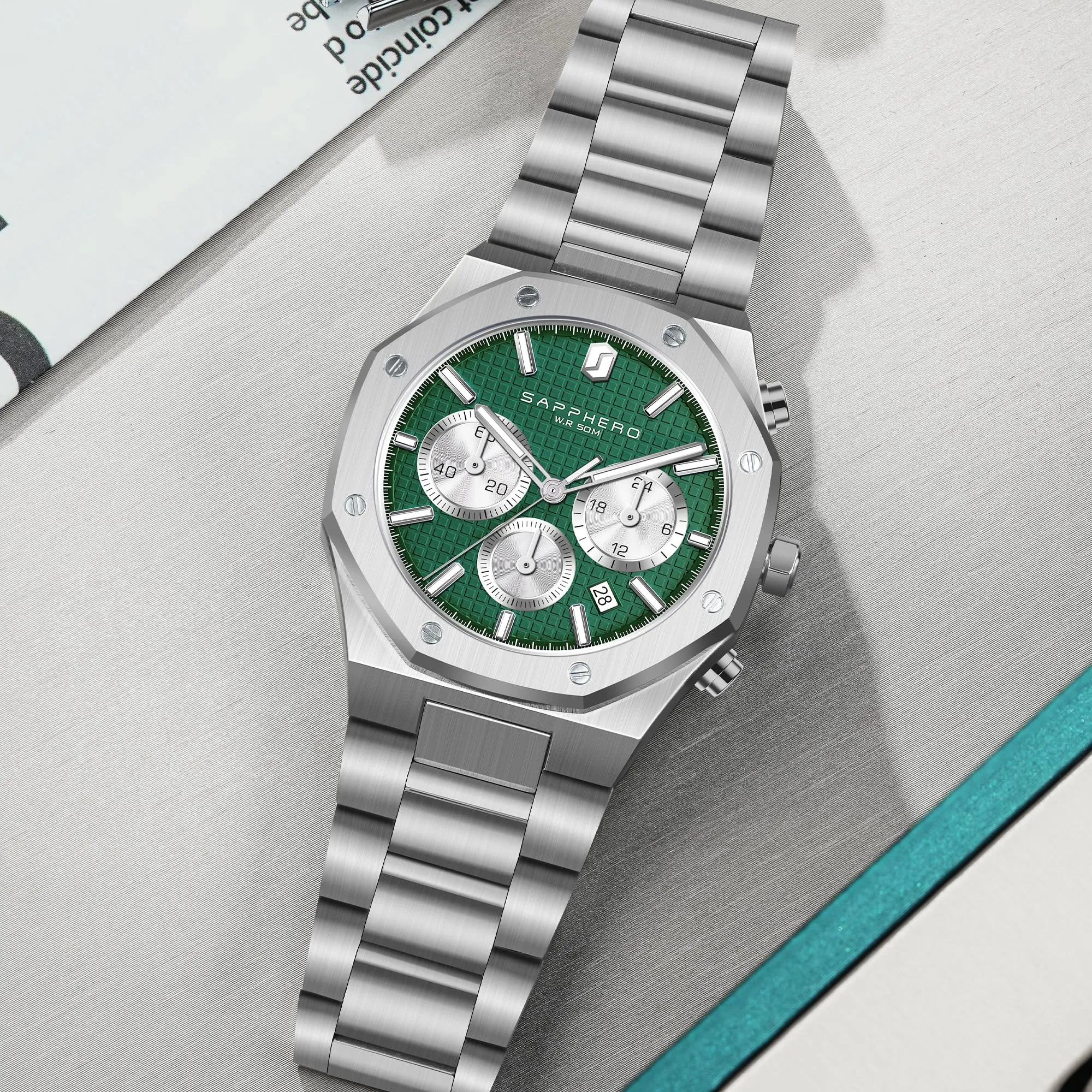 SAPPHERO SO-2111 Orologio da uomo in acciaio inossidabile, Movimento al quarzo, Impermeabile, Argento/Verde - immagine 9