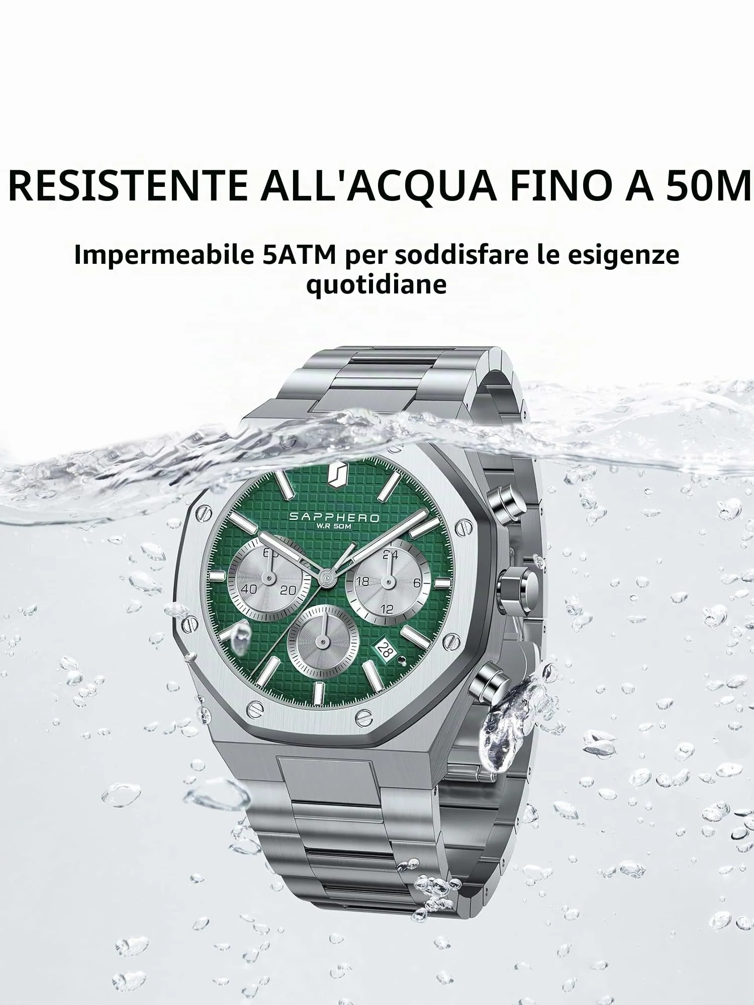 SAPPHERO SO-2111 Orologio da uomo in acciaio inossidabile, Movimento al quarzo, Impermeabile, Argento/Verde - immagine 10