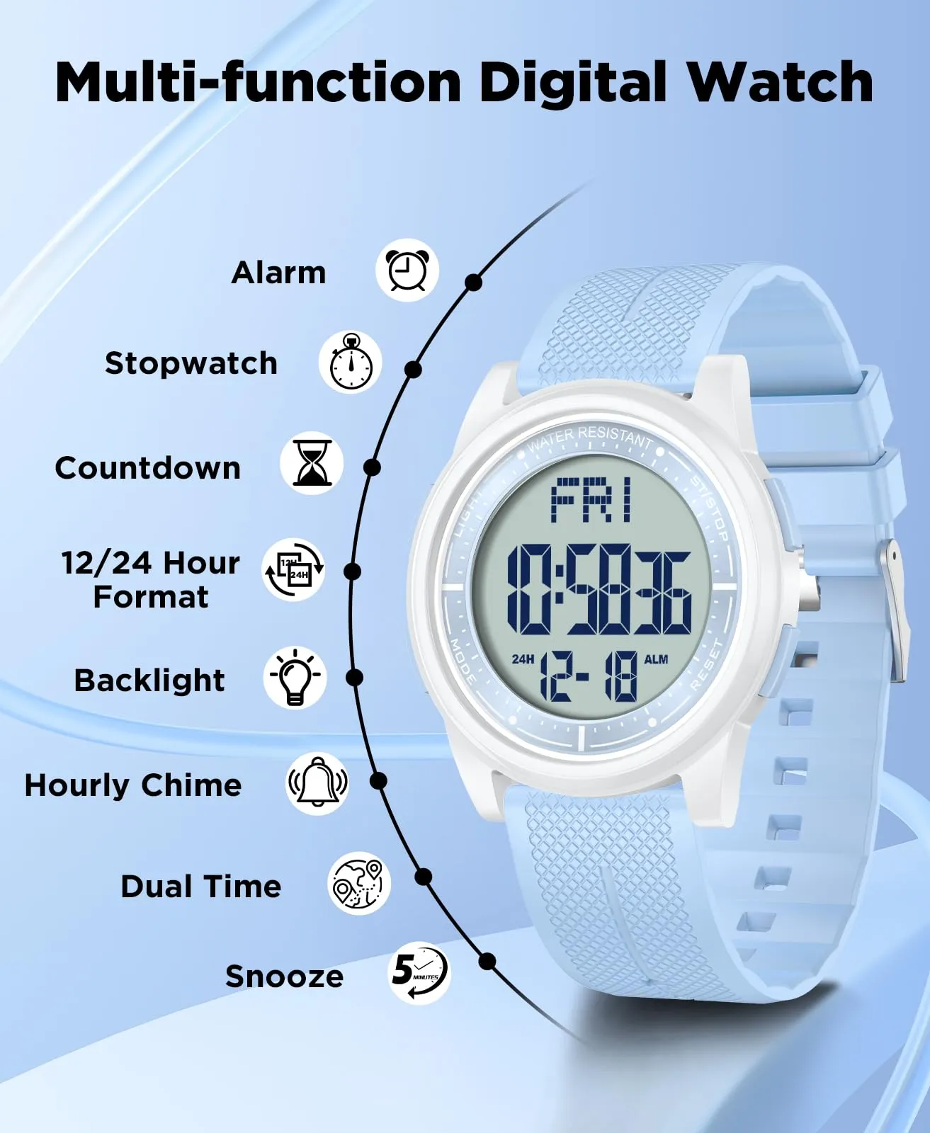 WIFORT Orologio Digitale Impermeabile AW02 con Cronometro, Allarme e Doppio Fuso Orario per Uomini e Donne - immagine 2