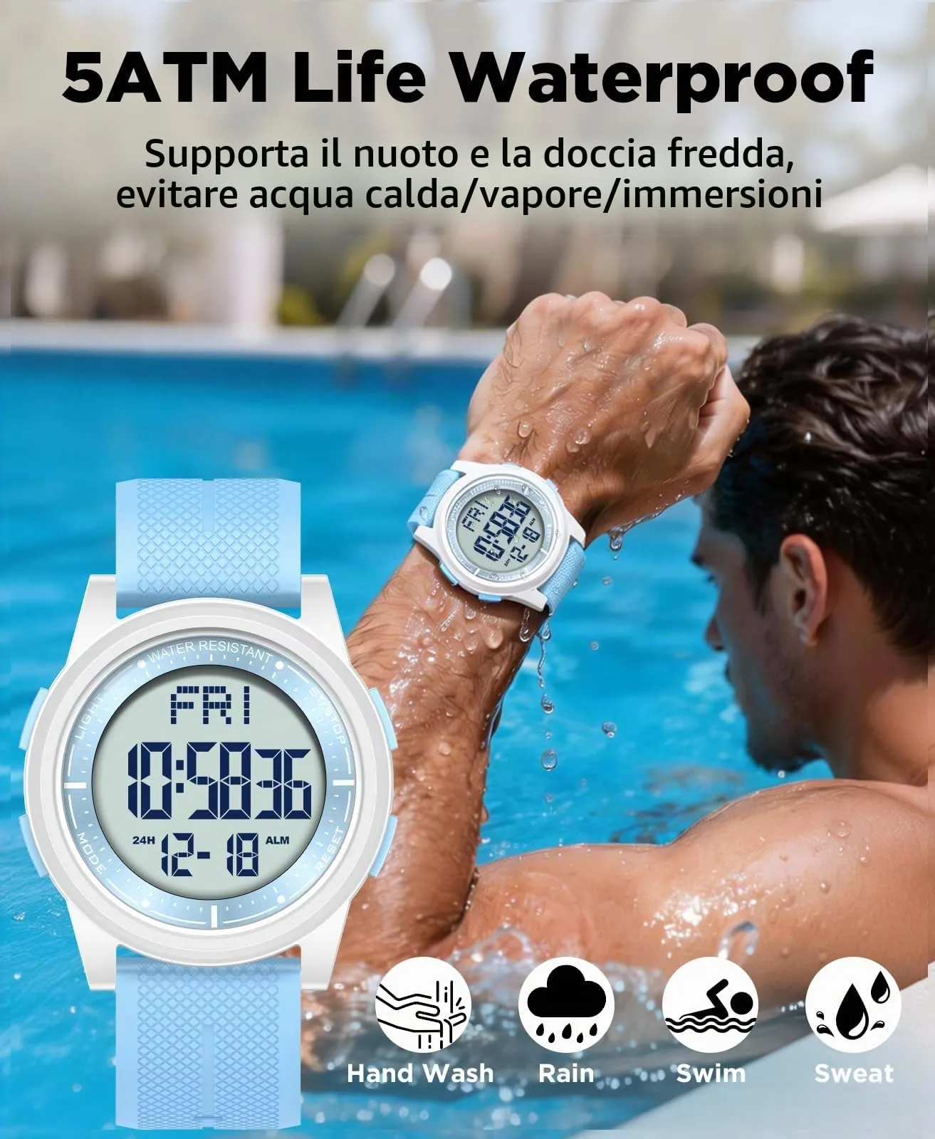 WIFORT Orologio Digitale Impermeabile AW02 con Cronometro, Allarme e Doppio Fuso Orario per Uomini e Donne - immagine 3