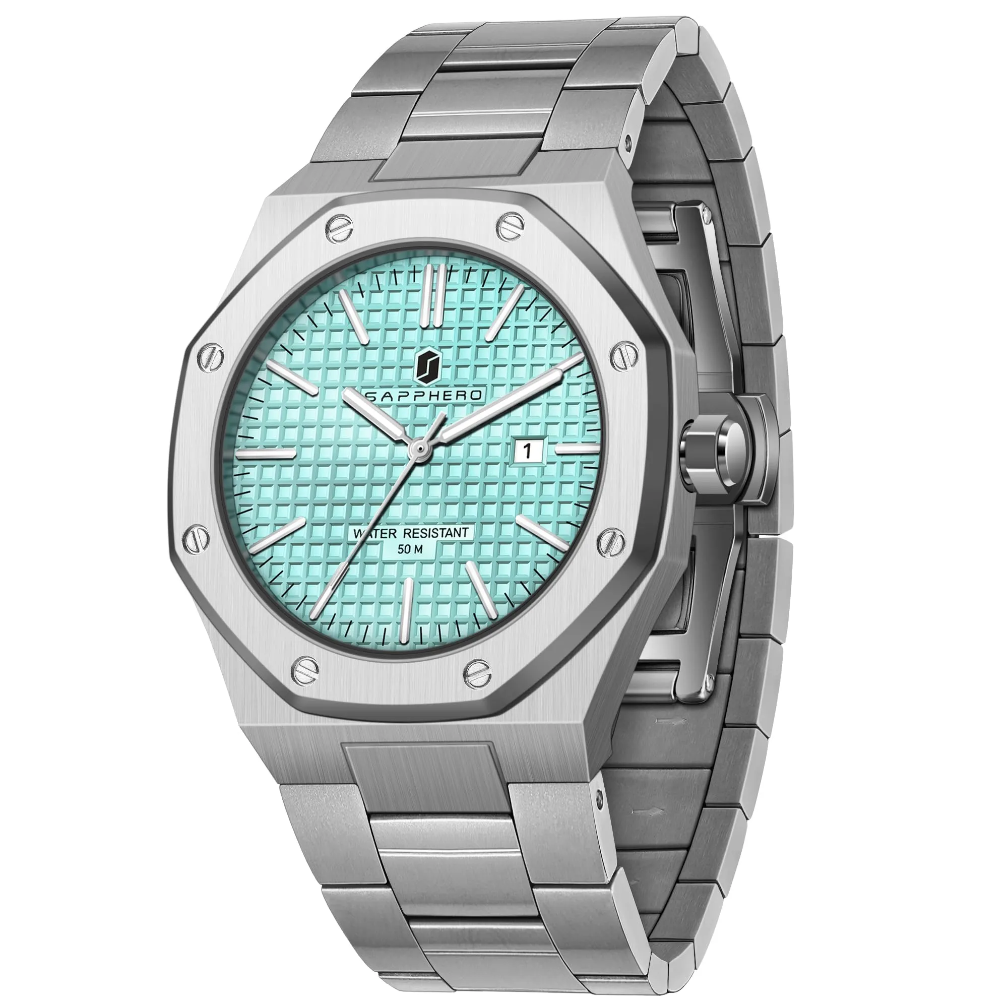 SAPPHERO Orologio da uomo in acciaio inossidabile, Movimento al quarzo giapponese, Impermeabile 50M, Argento/Rosa/Verde - immagine 1