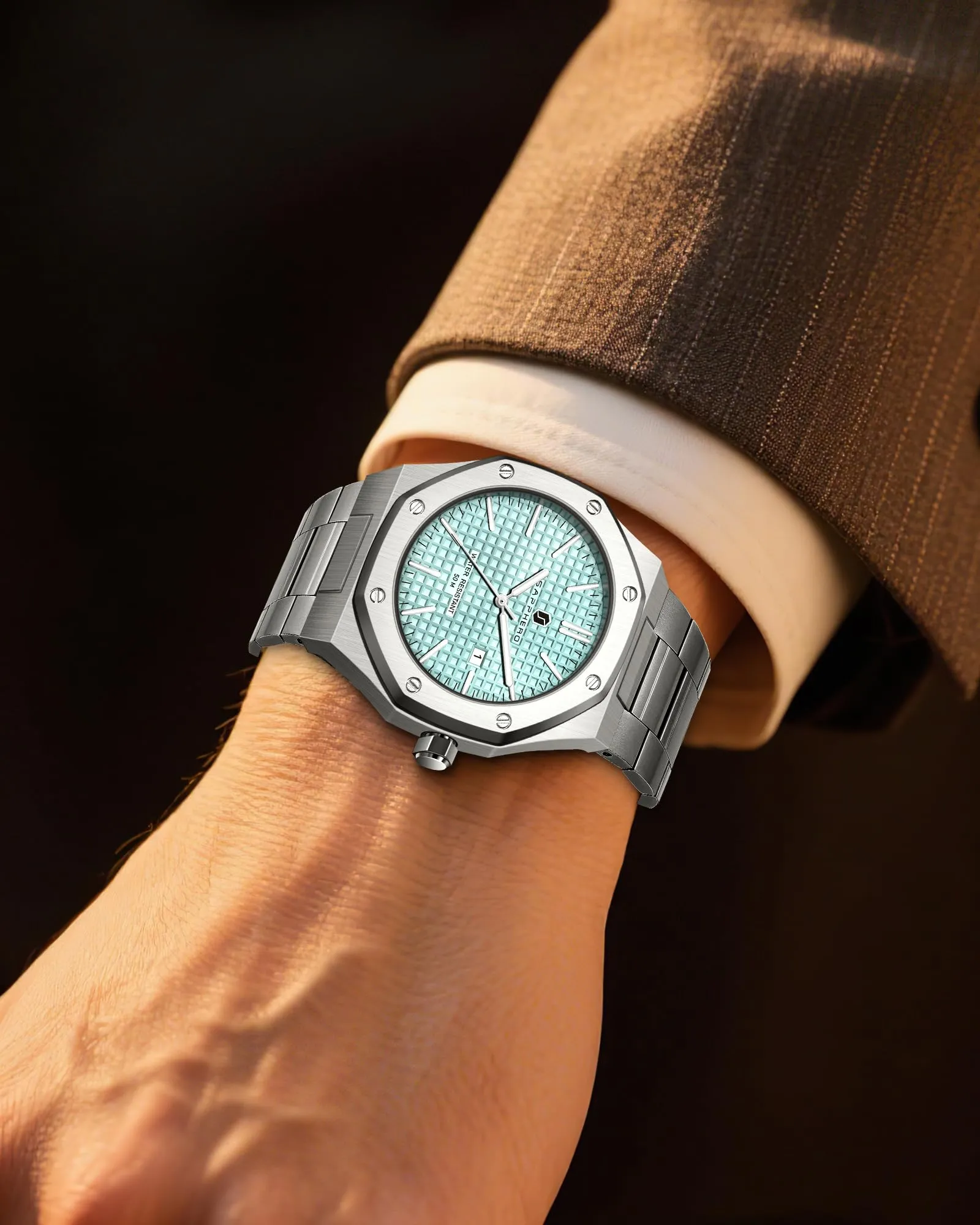 SAPPHERO Orologio da uomo in acciaio inossidabile, Movimento al quarzo giapponese, Impermeabile 50M, Argento/Rosa/Verde - immagine 2
