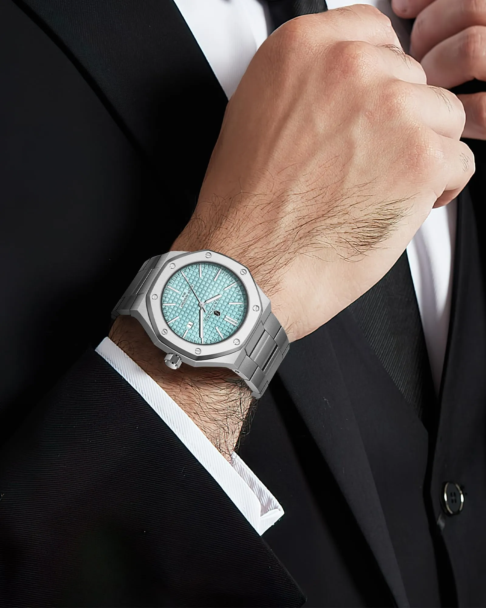 SAPPHERO Orologio da uomo in acciaio inossidabile, Movimento al quarzo giapponese, Impermeabile 50M, Argento/Rosa/Verde - immagine 3