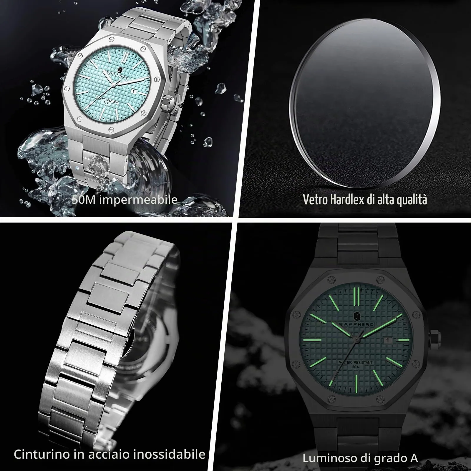SAPPHERO Orologio da uomo in acciaio inossidabile, Movimento al quarzo giapponese, Impermeabile 50M, Argento/Rosa/Verde - immagine 4