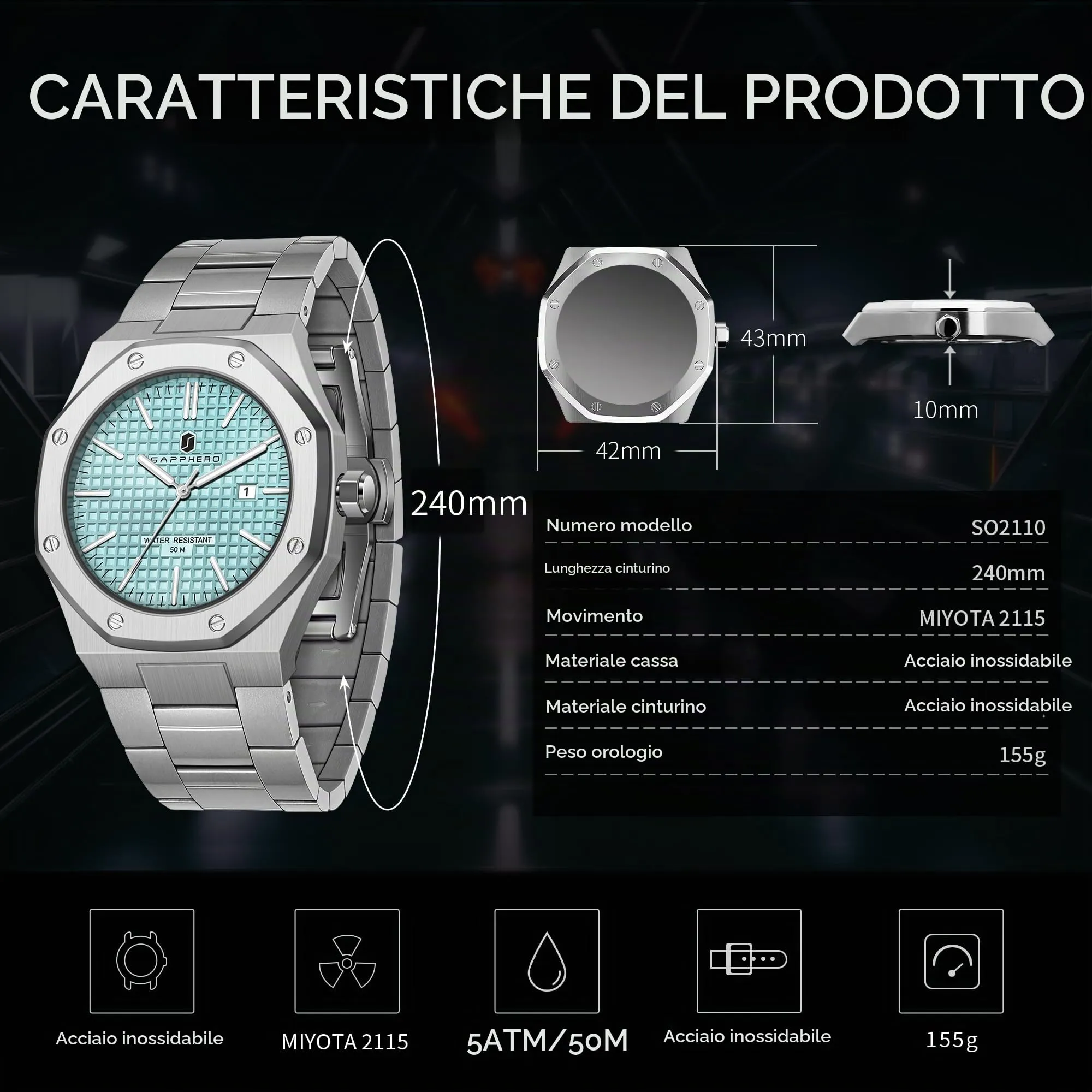 SAPPHERO Orologio da uomo in acciaio inossidabile, Movimento al quarzo giapponese, Impermeabile 50M, Argento/Rosa/Verde - immagine 5