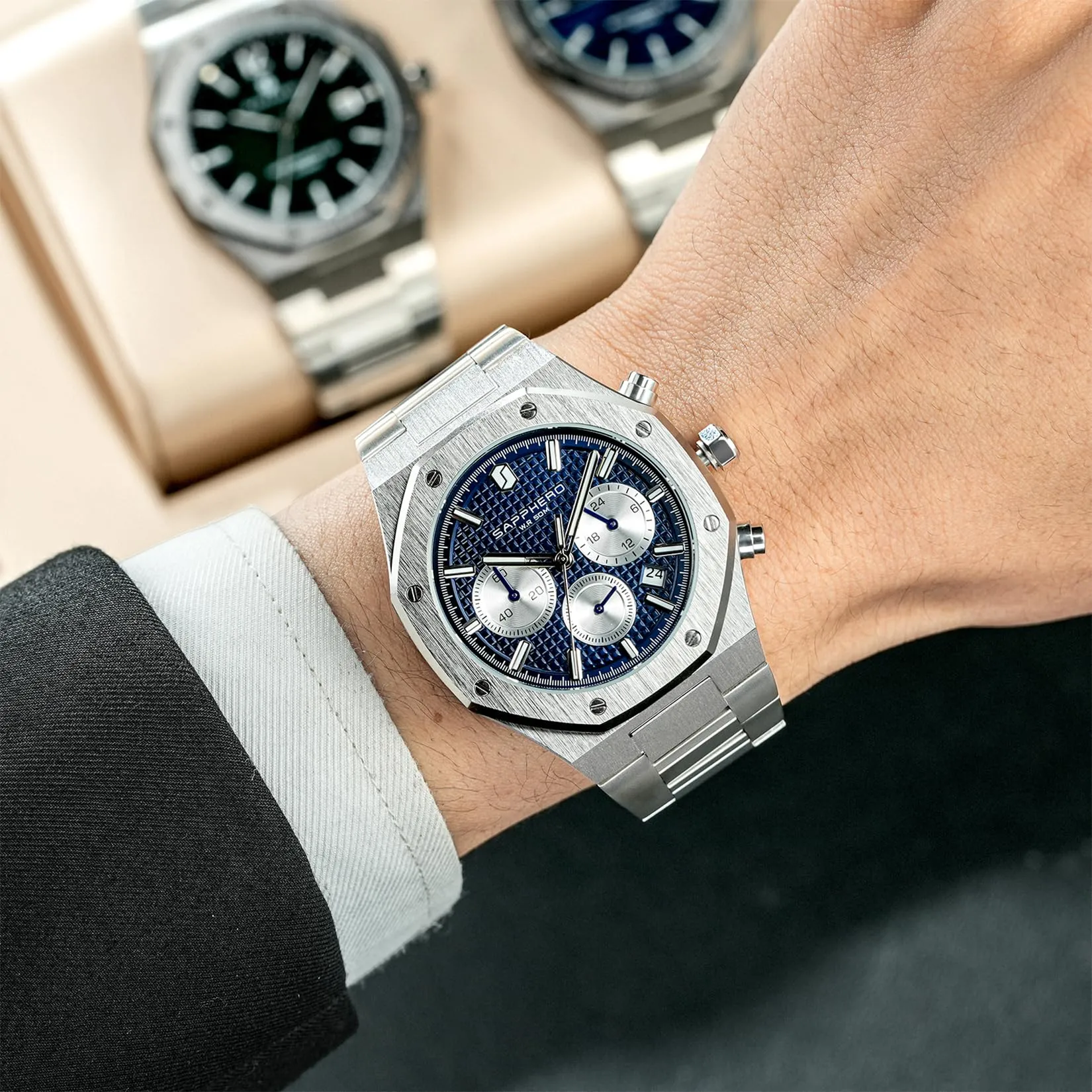SAPPHERO Orologio da uomo in acciaio inossidabile SO-2111 Movimento al quarzo giapponese Argento/Blu - immagine 4