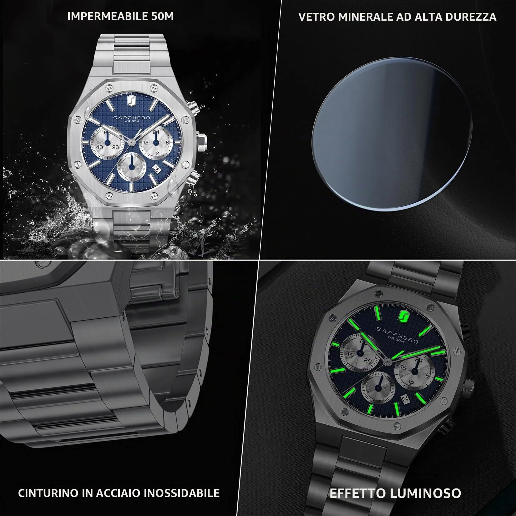 SAPPHERO Orologio da uomo in acciaio inossidabile SO-2111 Movimento al quarzo giapponese Argento/Blu - immagine 5