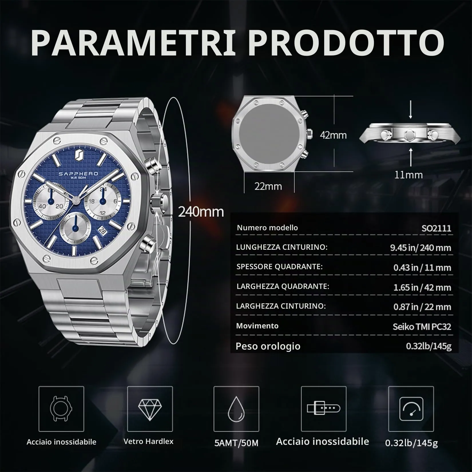 SAPPHERO Orologio da uomo in acciaio inossidabile SO-2111 Movimento al quarzo giapponese Argento/Blu - immagine 6