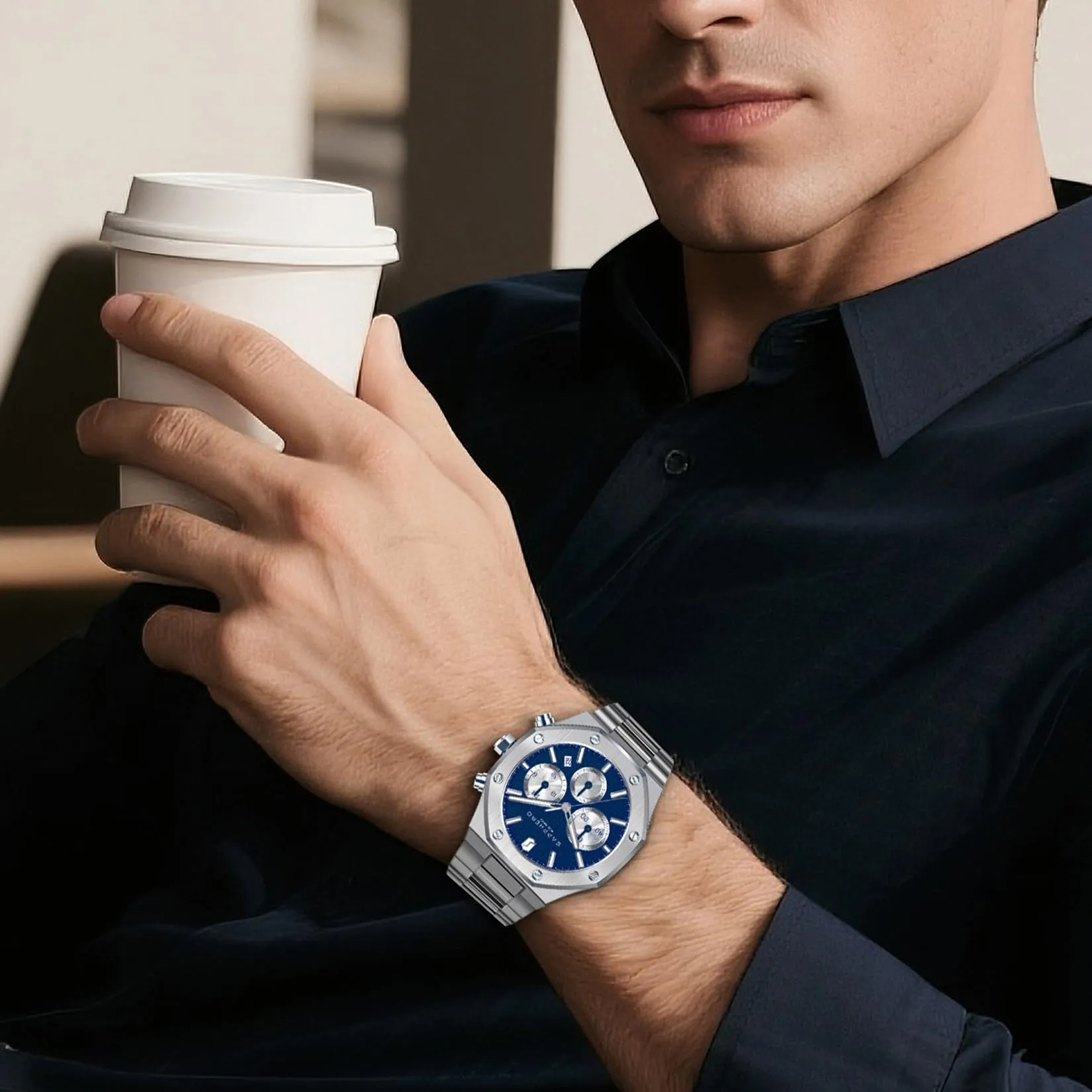 SAPPHERO Orologio da uomo in acciaio inossidabile SO-2111 Movimento al quarzo giapponese Argento/Blu - immagine 7