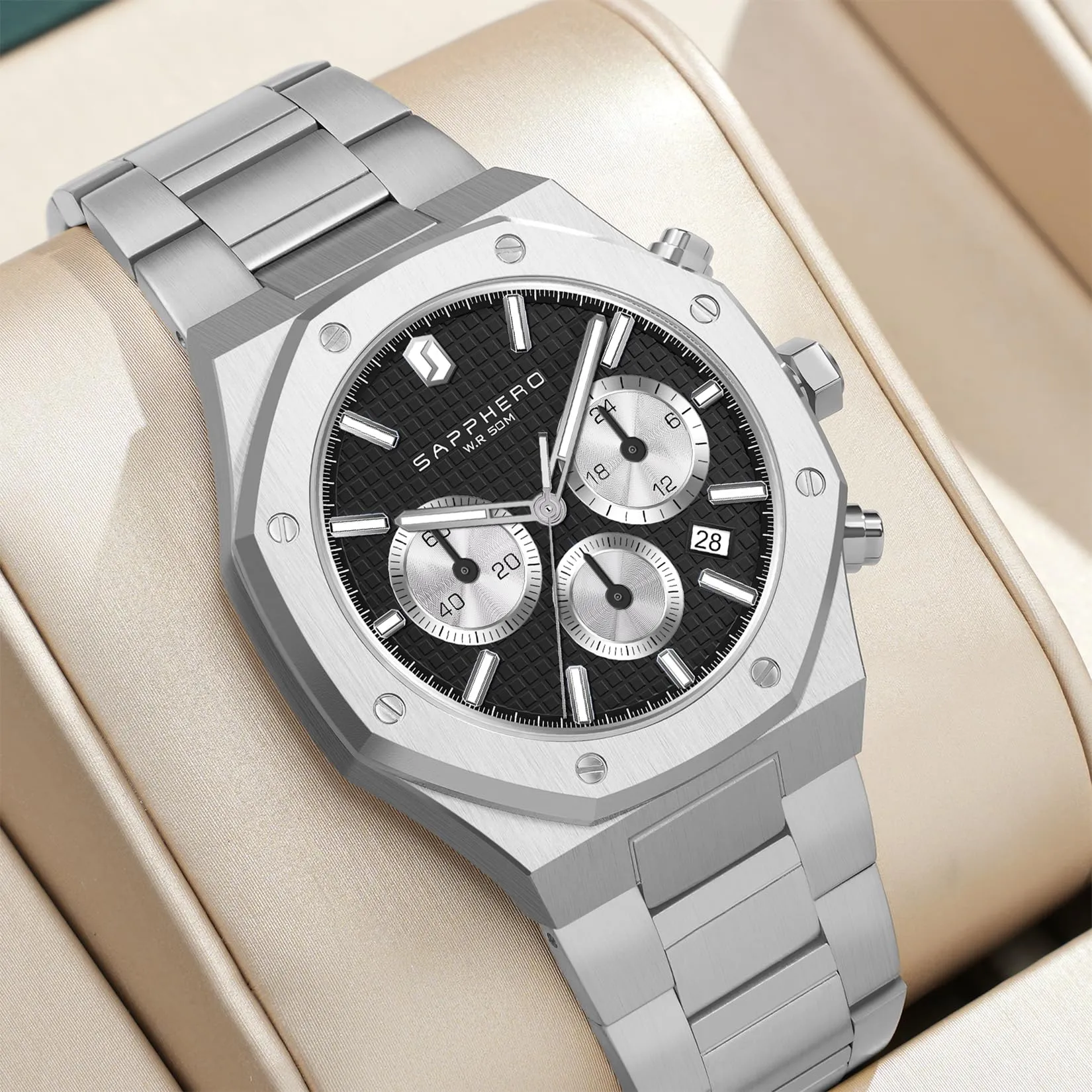 SAPPHERO Orologio da uomo SO-2111 in acciaio inossidabile, Movimento al quarzo giapponese, Impermeabile, Argento/Nero - immagine 2