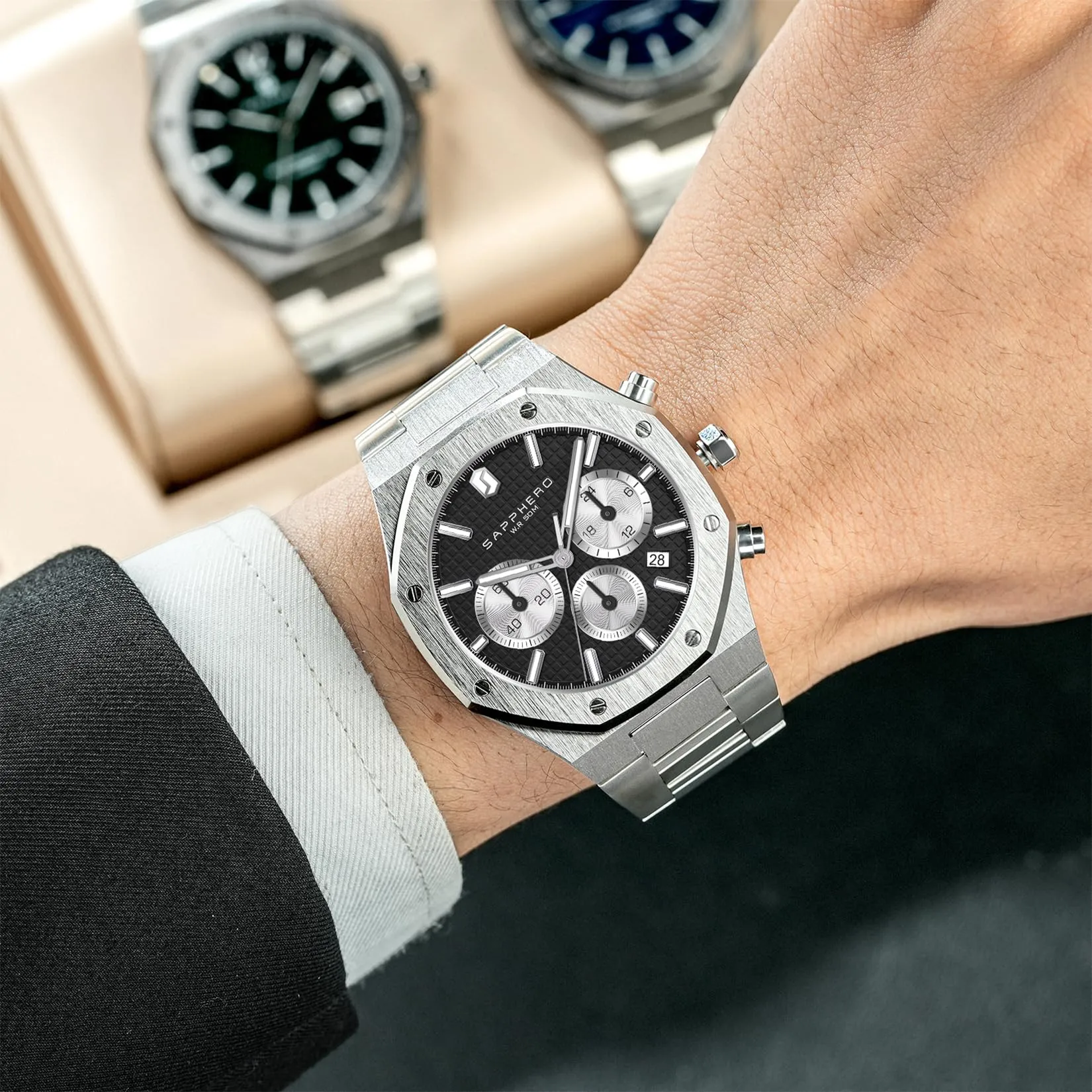 SAPPHERO Orologio da uomo SO-2111 in acciaio inossidabile, Movimento al quarzo giapponese, Impermeabile, Argento/Nero - immagine 4