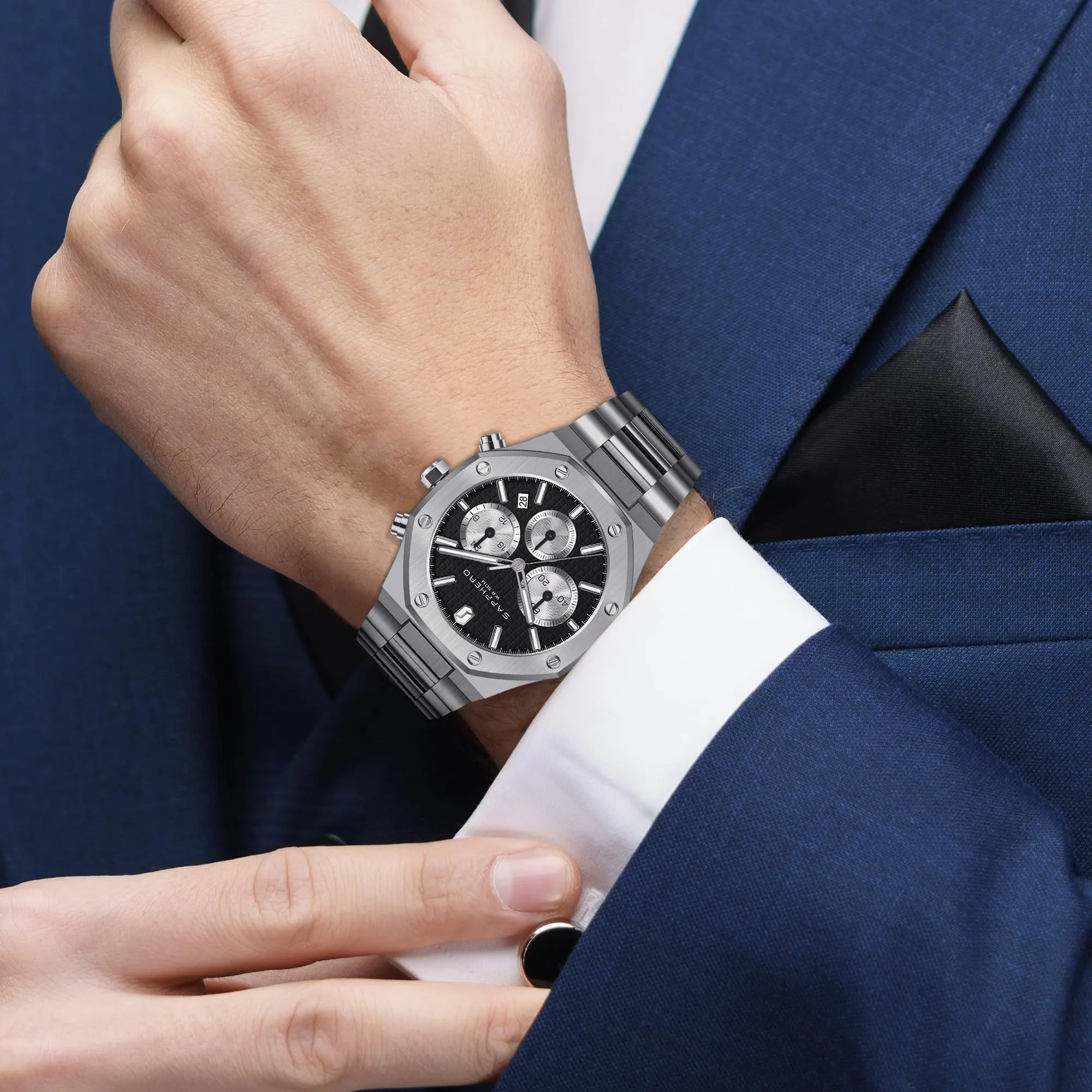 SAPPHERO Orologio da uomo SO-2111 in acciaio inossidabile, Movimento al quarzo giapponese, Impermeabile, Argento/Nero - immagine 6