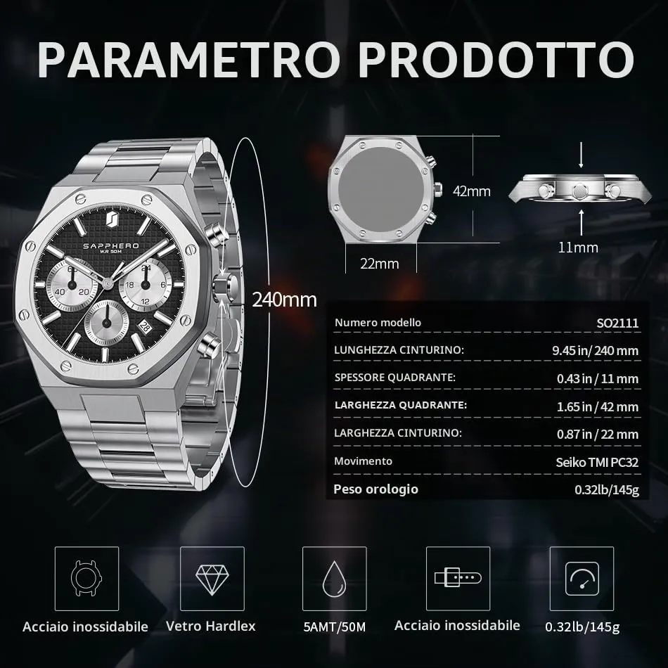 SAPPHERO Orologio da uomo SO-2111 in acciaio inossidabile, Movimento al quarzo giapponese, Impermeabile, Argento/Nero - immagine 7