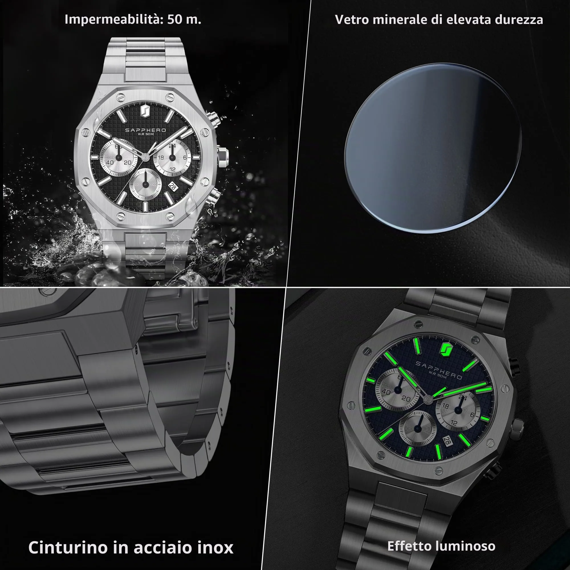 SAPPHERO Orologio da uomo SO-2111 in acciaio inossidabile, Movimento al quarzo giapponese, Impermeabile, Argento/Nero - immagine 8