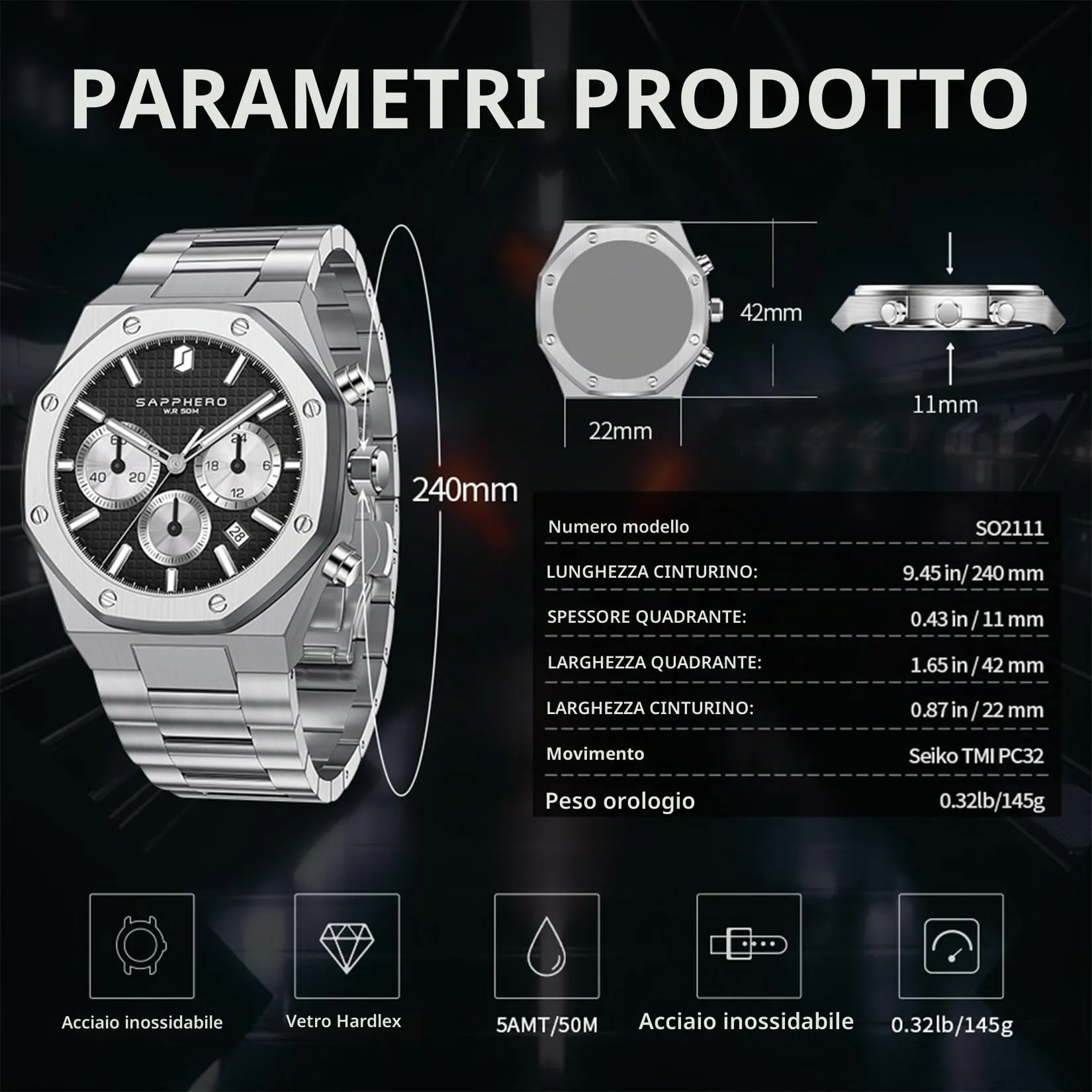 SAPPHERO Orologio da uomo SO-2111 in acciaio inossidabile, Movimento al quarzo giapponese, Impermeabile, Argento/Nero - immagine 10