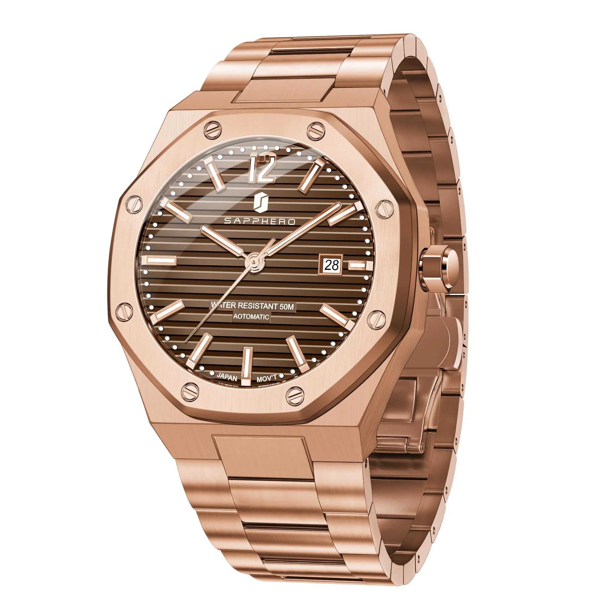 SAPPHERO Orologio da uomo SO-2112 in acciaio inossidabile, Movimento al quarzo, Impermeabile 50M, Oro Rosa/Marrone - immagine 1