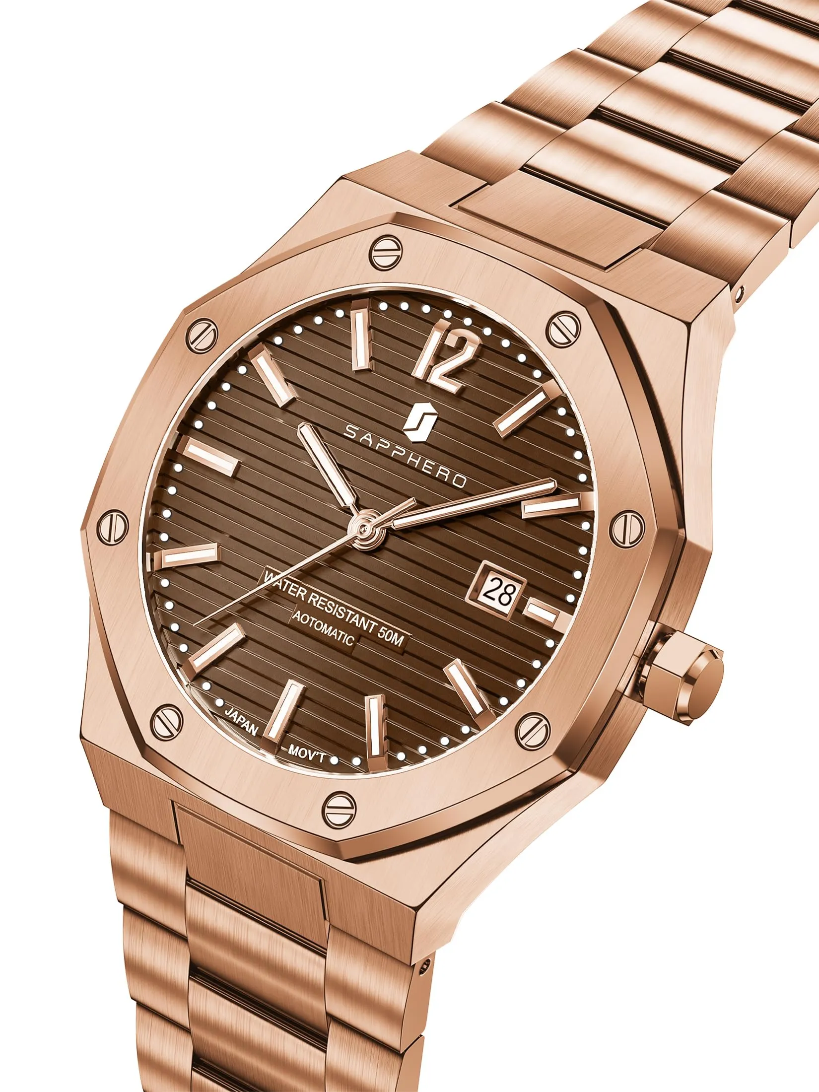 SAPPHERO Orologio da uomo SO-2112 in acciaio inossidabile, Movimento al quarzo, Impermeabile 50M, Oro Rosa/Marrone - immagine 3