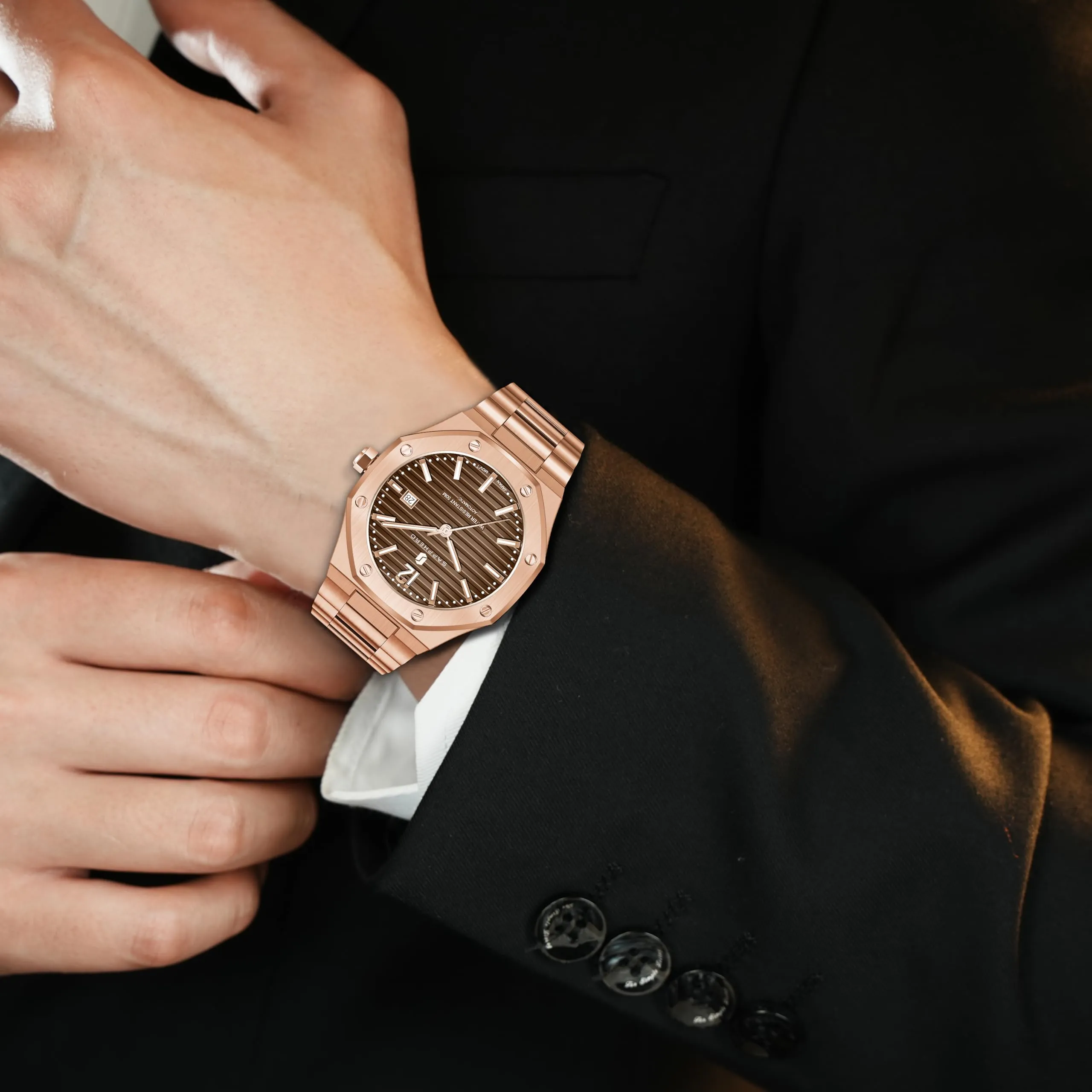 SAPPHERO Orologio da uomo SO-2112 in acciaio inossidabile, Movimento al quarzo, Impermeabile 50M, Oro Rosa/Marrone - immagine 4