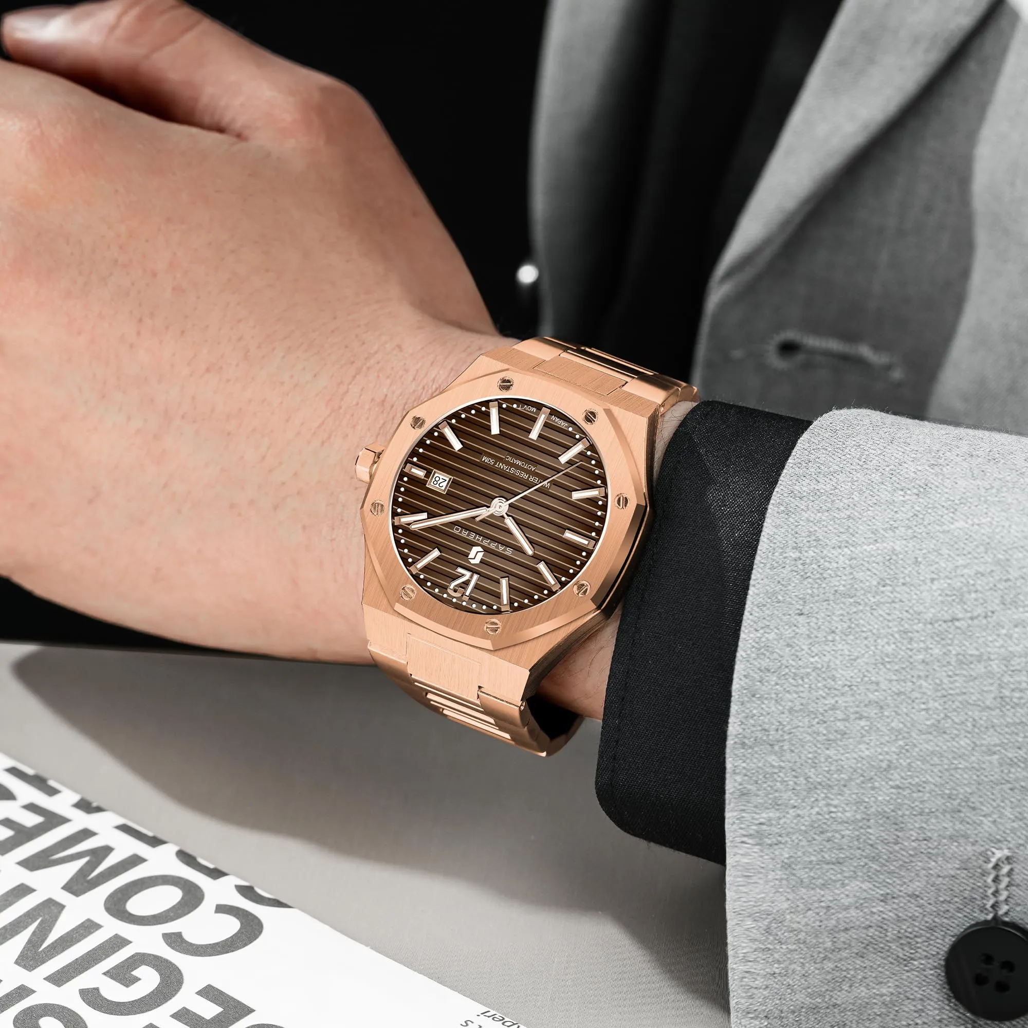 SAPPHERO Orologio da uomo SO-2112 in acciaio inossidabile, Movimento al quarzo, Impermeabile 50M, Oro Rosa/Marrone - immagine 5