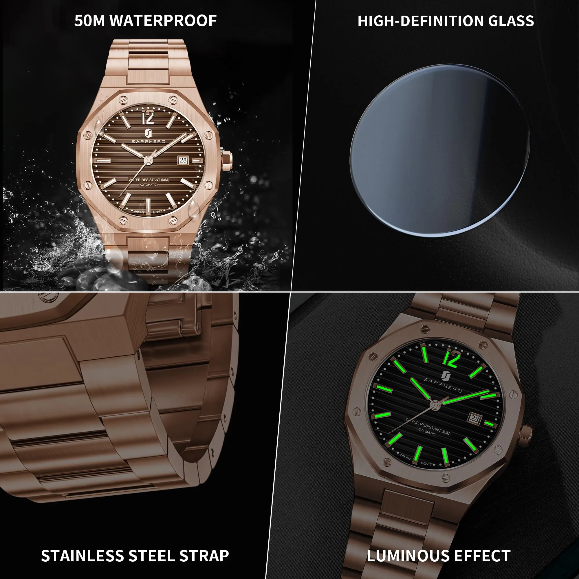 SAPPHERO Orologio da uomo SO-2112 in acciaio inossidabile, Movimento al quarzo, Impermeabile 50M, Oro Rosa/Marrone - immagine 6