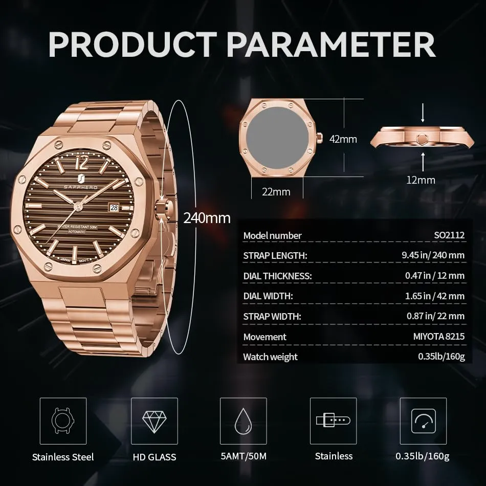 SAPPHERO Orologio da uomo SO-2112 in acciaio inossidabile, Movimento al quarzo, Impermeabile 50M, Oro Rosa/Marrone - immagine 7