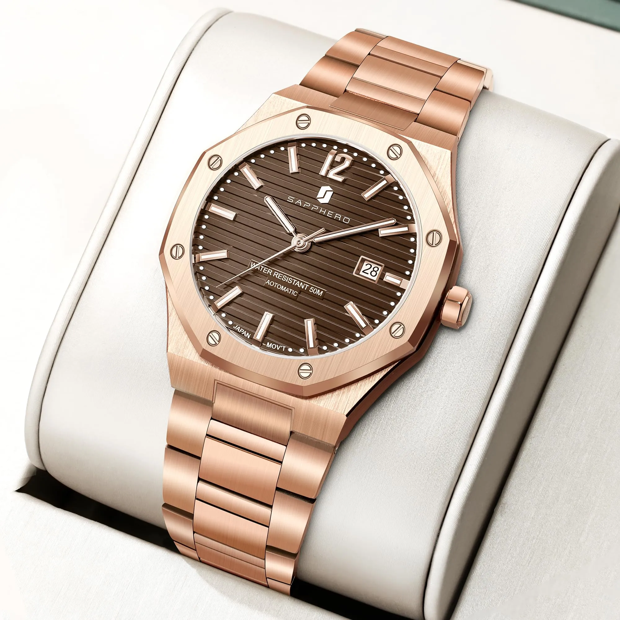 SAPPHERO Orologio da uomo SO-2112 in acciaio inossidabile, Movimento al quarzo, Impermeabile 50M, Oro Rosa/Marrone - immagine 8