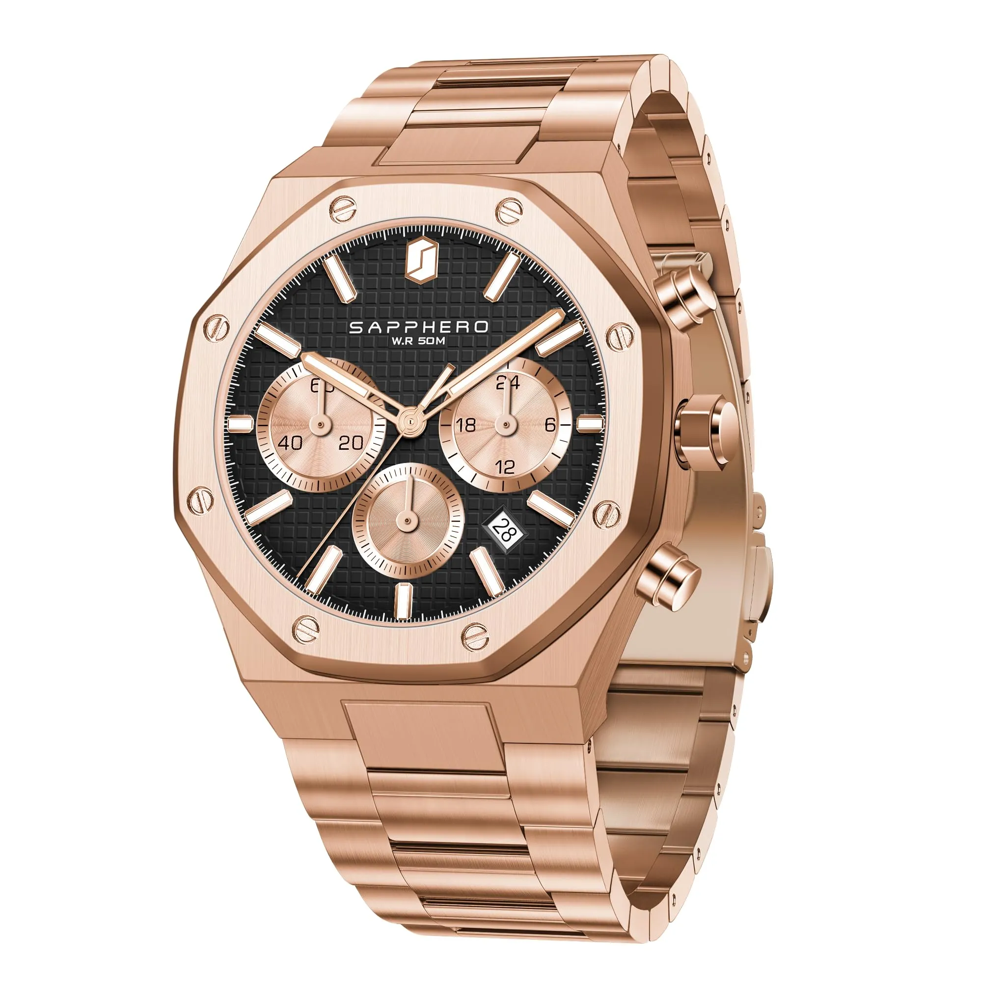 SAPPHERO Orologio da uomo in acciaio inossidabile, Movimento al quarzo giapponese, Oro Rosa/Nero - immagine 1