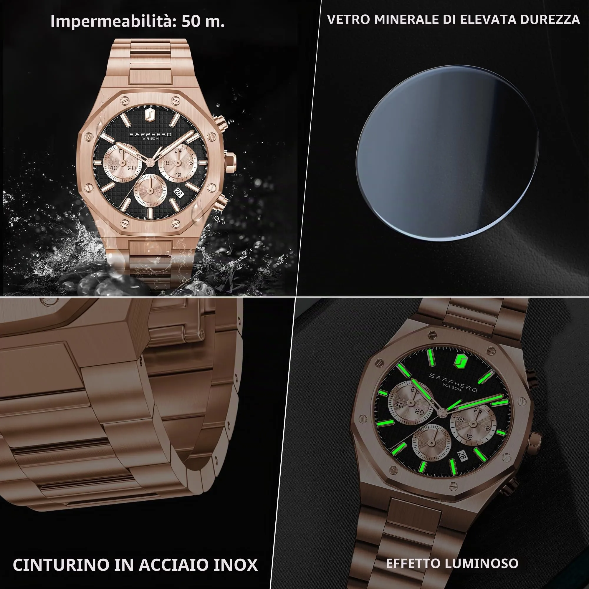 SAPPHERO Orologio da uomo in acciaio inossidabile, Movimento al quarzo giapponese, Oro Rosa/Nero - immagine 4