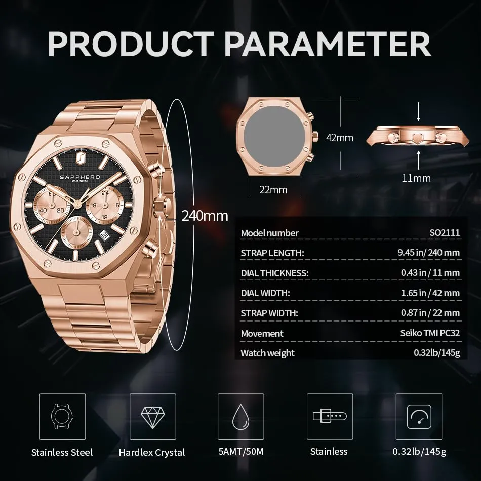 SAPPHERO Orologio da uomo in acciaio inossidabile, Movimento al quarzo giapponese, Oro Rosa/Nero - immagine 5