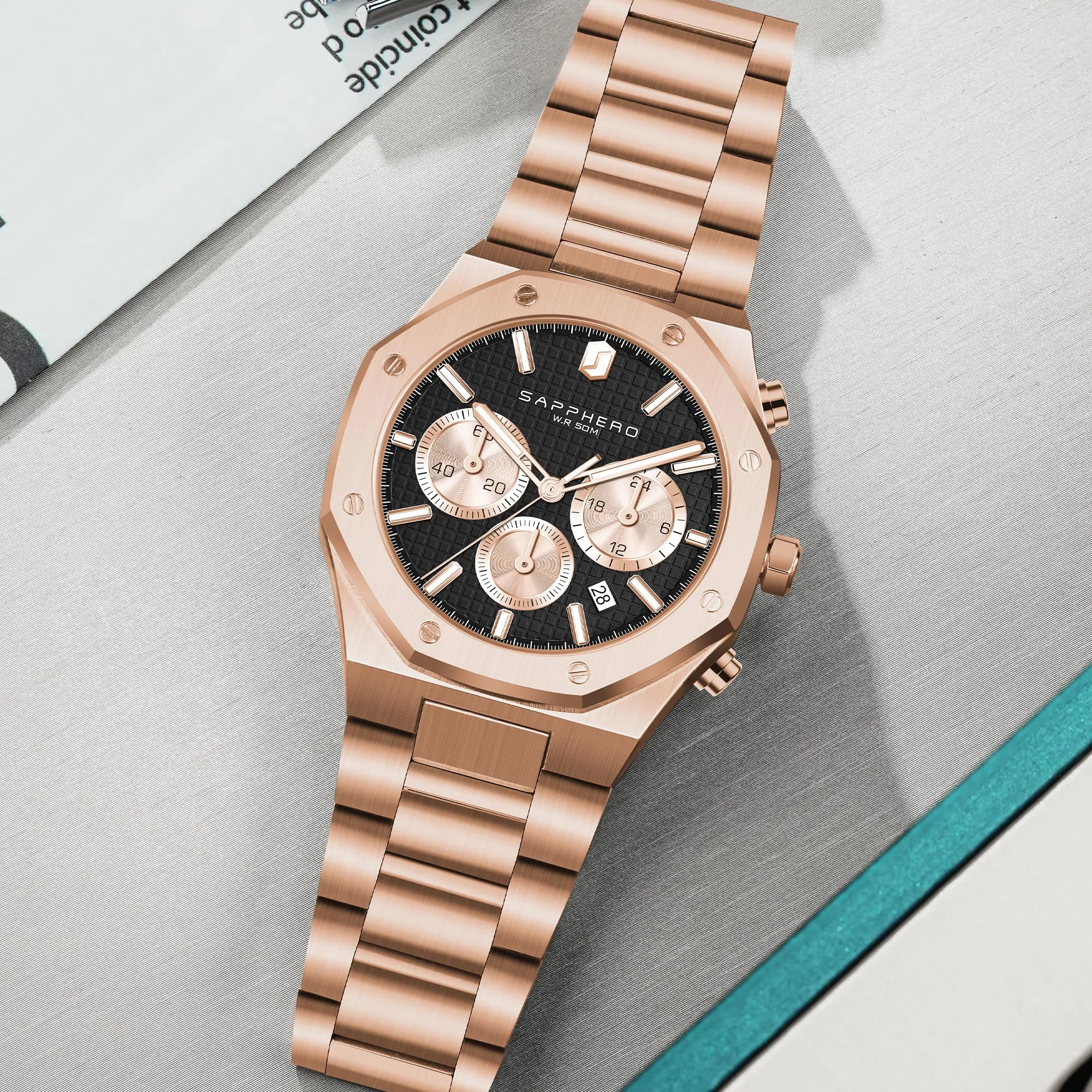 SAPPHERO Orologio da uomo in acciaio inossidabile, Movimento al quarzo giapponese, Oro Rosa/Nero - immagine 6