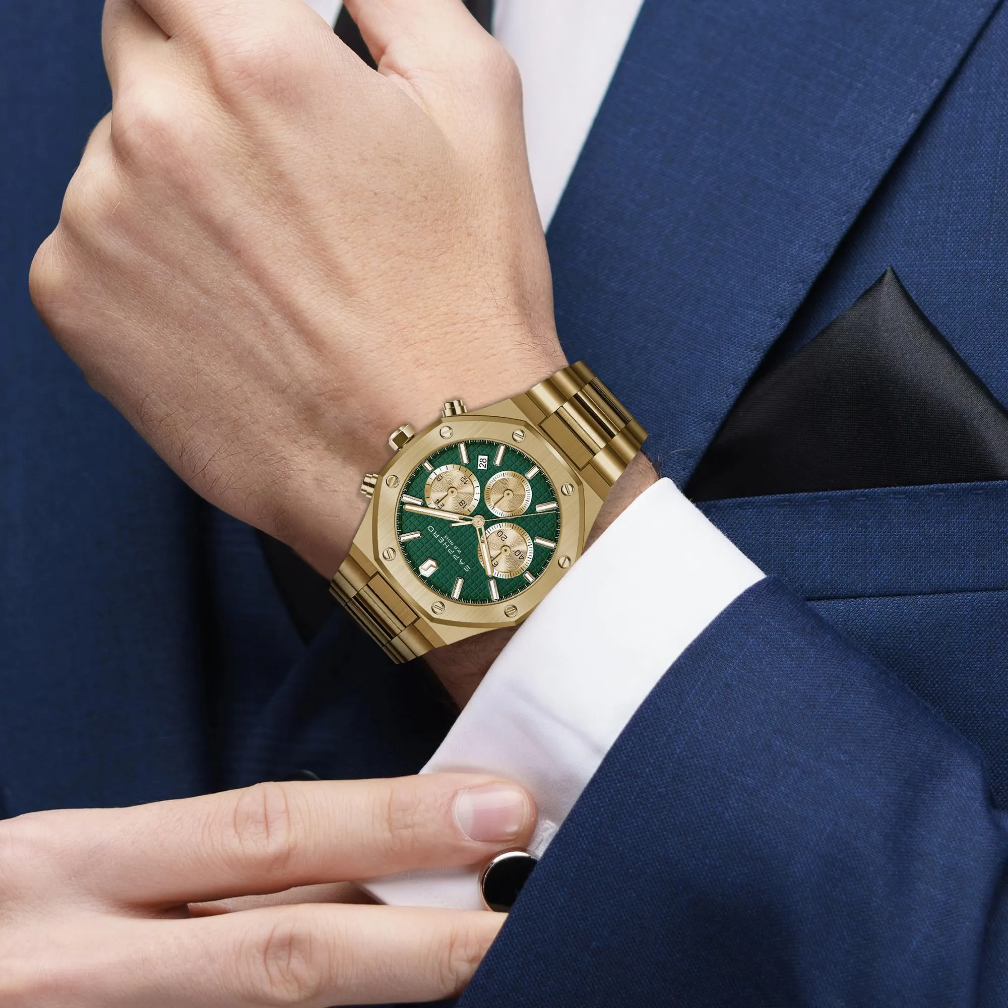 SAPPHERO Orologio da uomo in acciaio inossidabile, Movimento al quarzo giapponese, Oro/Verde - immagine 2