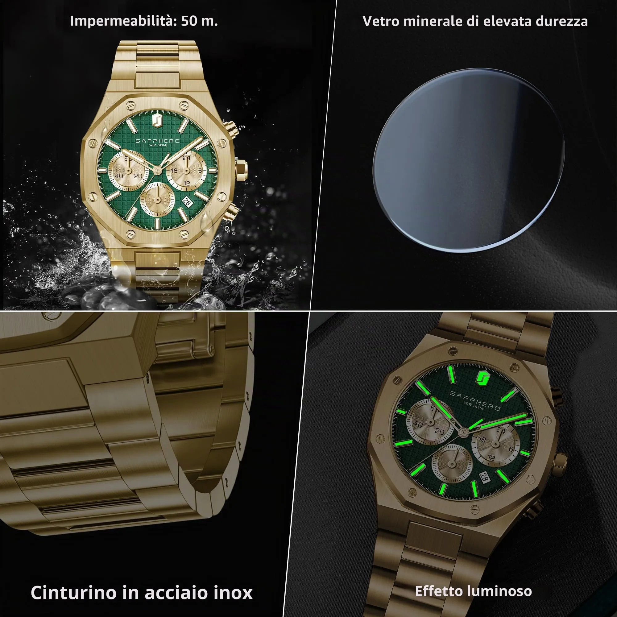 SAPPHERO Orologio da uomo in acciaio inossidabile, Movimento al quarzo giapponese, Oro/Verde - immagine 4
